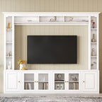 4-Piece Modern Entertainment Center Wall Unit with Bookshelves, All-in-1 Large TV Stand with Tempered Glass Door for TVs Up to 80', 92inch Media Console with Adjustable Shelves for Living Room, White