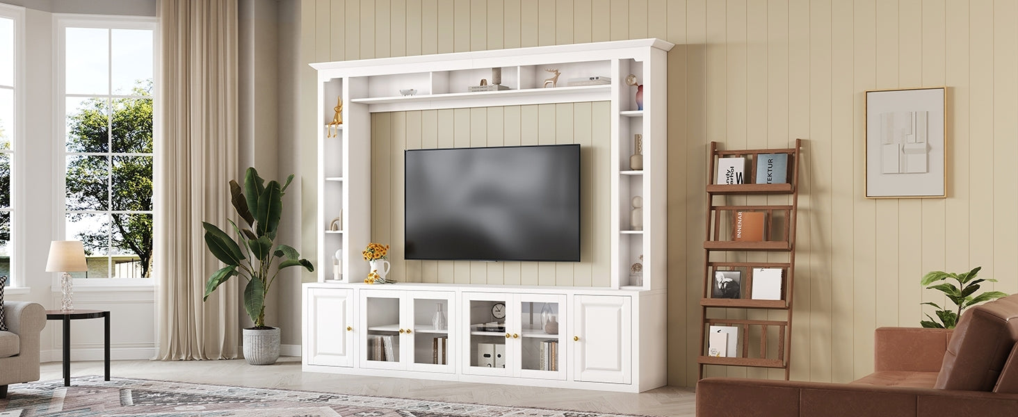 4-Piece Modern Entertainment Center Wall Unit with Bookshelves, All-in-1 Large TV Stand with Tempered Glass Door for TVs Up to 80', 92inch Media Console with Adjustable Shelves for Living Room, White