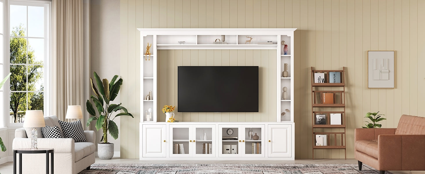 4-Piece Modern Entertainment Center Wall Unit with Bookshelves, All-in-1 Large TV Stand with Tempered Glass Door for TVs Up to 80', 92inch Media Console with Adjustable Shelves for Living Room, White