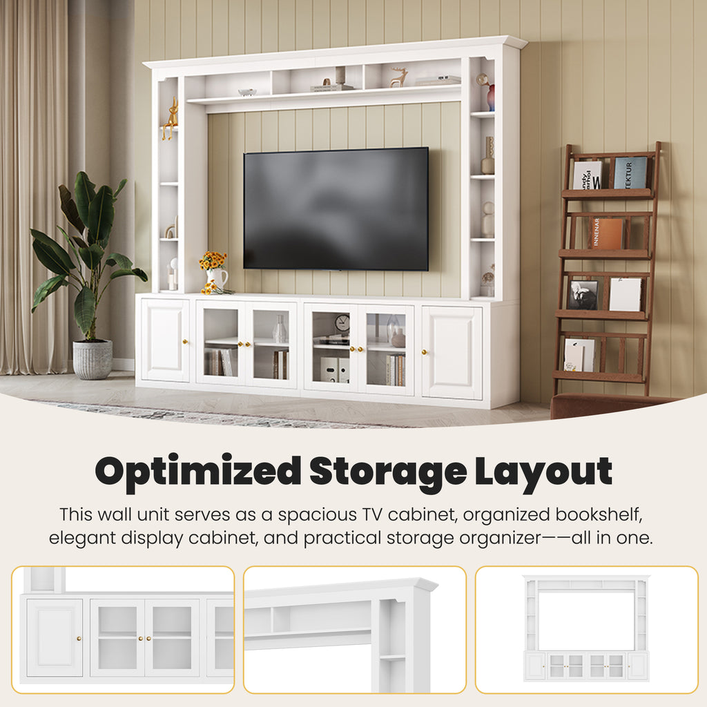 4-Piece Modern Entertainment Center Wall Unit with Bookshelves, All-in-1 Large TV Stand with Tempered Glass Door for TVs Up to 80', 92inch Media Console with Adjustable Shelves for Living Room, White