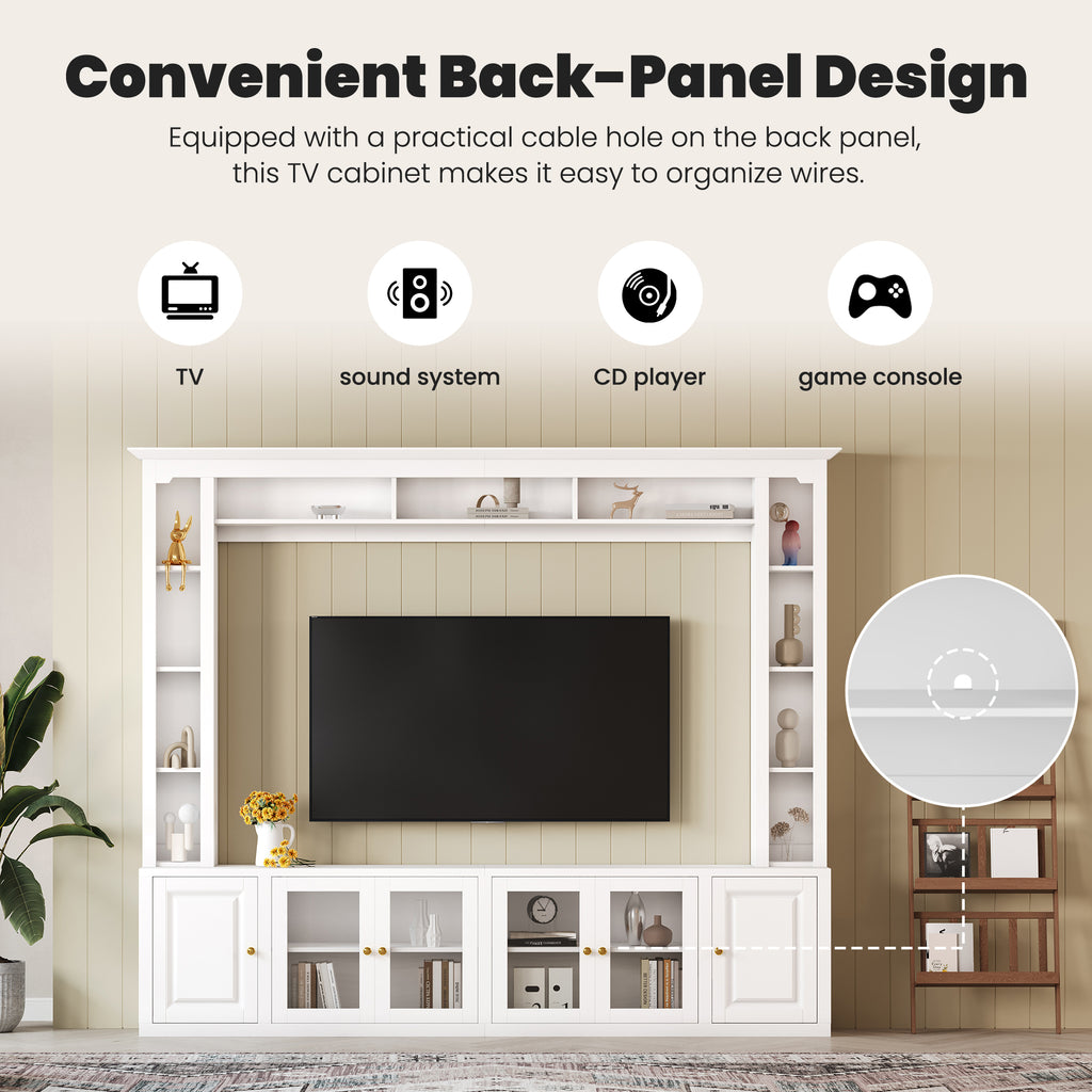 4-Piece Modern Entertainment Center Wall Unit with Bookshelves, All-in-1 Large TV Stand with Tempered Glass Door for TVs Up to 80', 92inch Media Console with Adjustable Shelves for Living Room, White