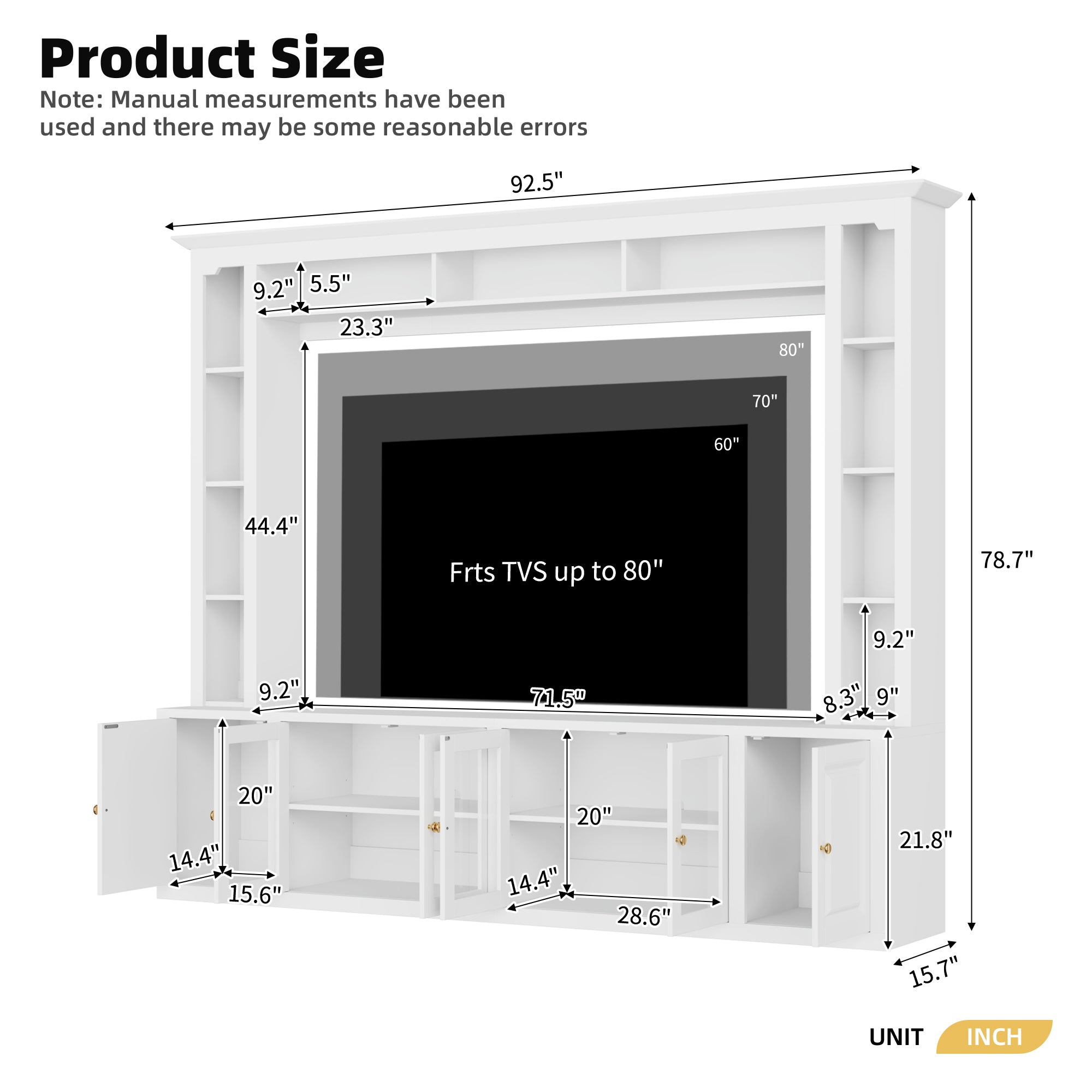 4-Piece Modern Entertainment Center Wall Unit with Bookshelves, All-in-1 Large TV Stand with Tempered Glass Door for TVs Up to 80', 92inch Media Console with Adjustable Shelves for Living Room, White