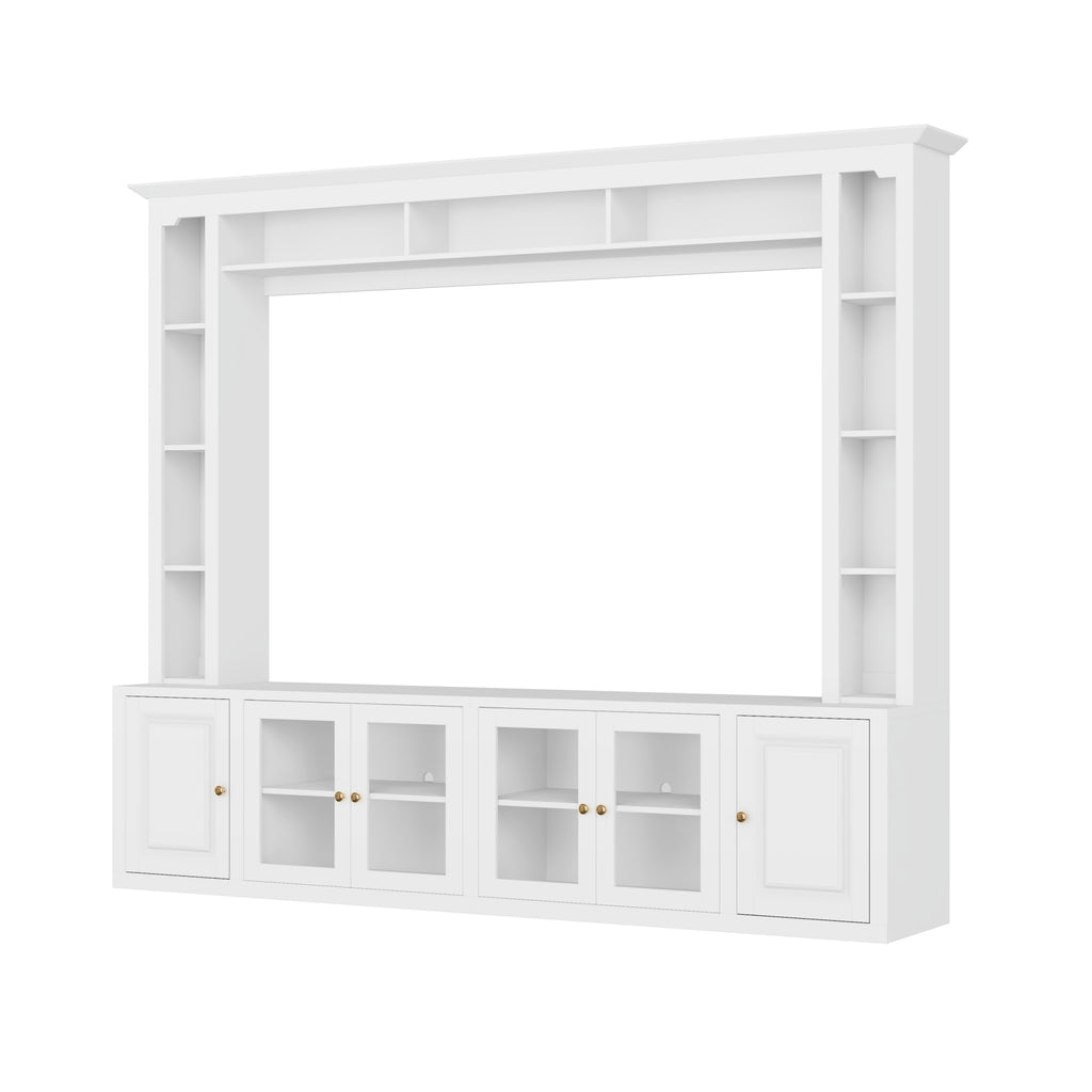 4-Piece Modern Entertainment Center Wall Unit with Bookshelves, All-in-1 Large TV Stand with Tempered Glass Door for TVs Up to 80', 92inch Media Console with Adjustable Shelves for Living Room, White