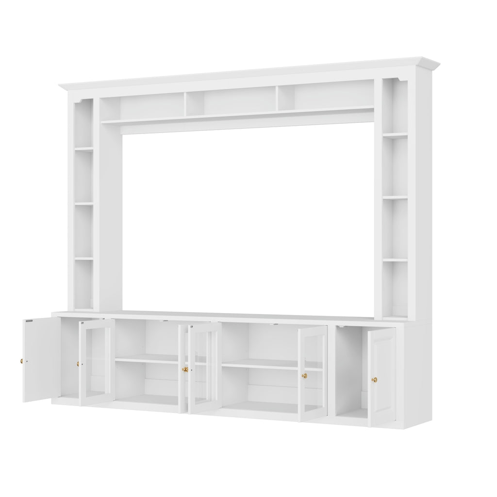 4-Piece Modern Entertainment Center Wall Unit with Bookshelves, All-in-1 Large TV Stand with Tempered Glass Door for TVs Up to 80', 92inch Media Console with Adjustable Shelves for Living Room, White