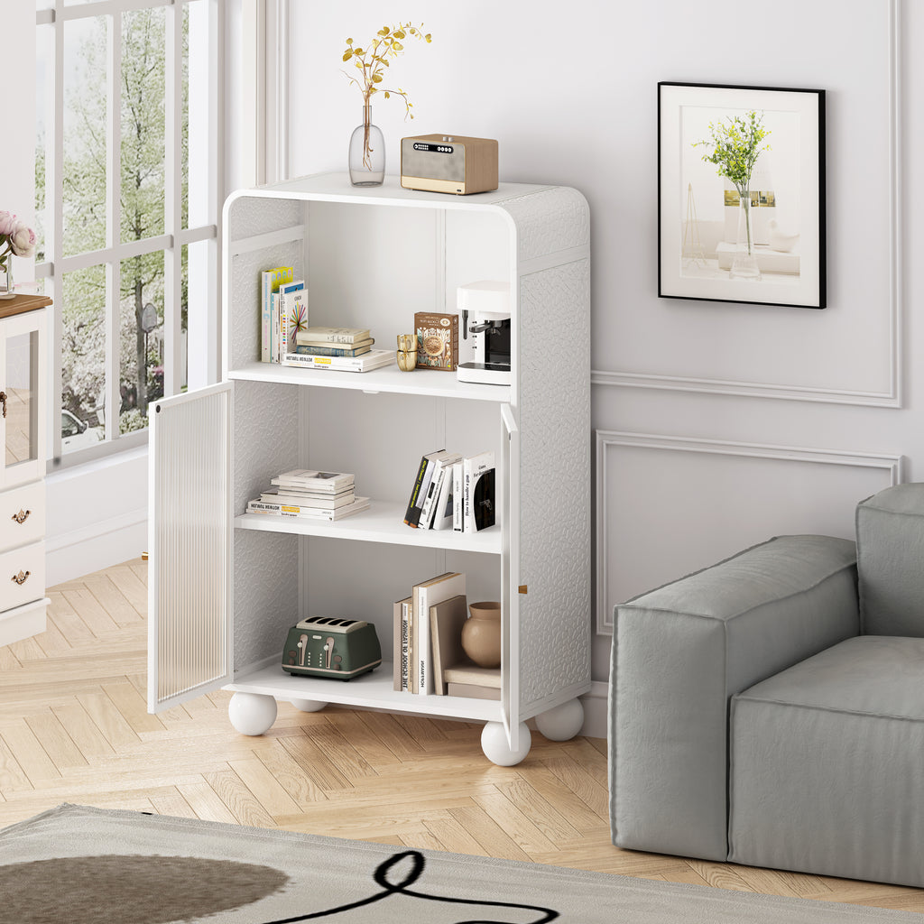 45.28" H Storage Cabinet, Bathroom Floor Cabinet with Glass Door and Shelves,  Freestanding Display Storage Cabinet for Bathroom, Living Room, Kitchen, Home Office,White