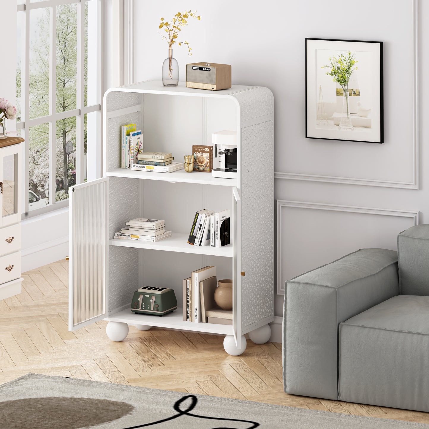 45.28" H Storage Cabinet, Bathroom Floor Cabinet with Glass Door and Shelves,  Freestanding Display Storage Cabinet for Bathroom, Living Room, Kitchen, Home Office,White