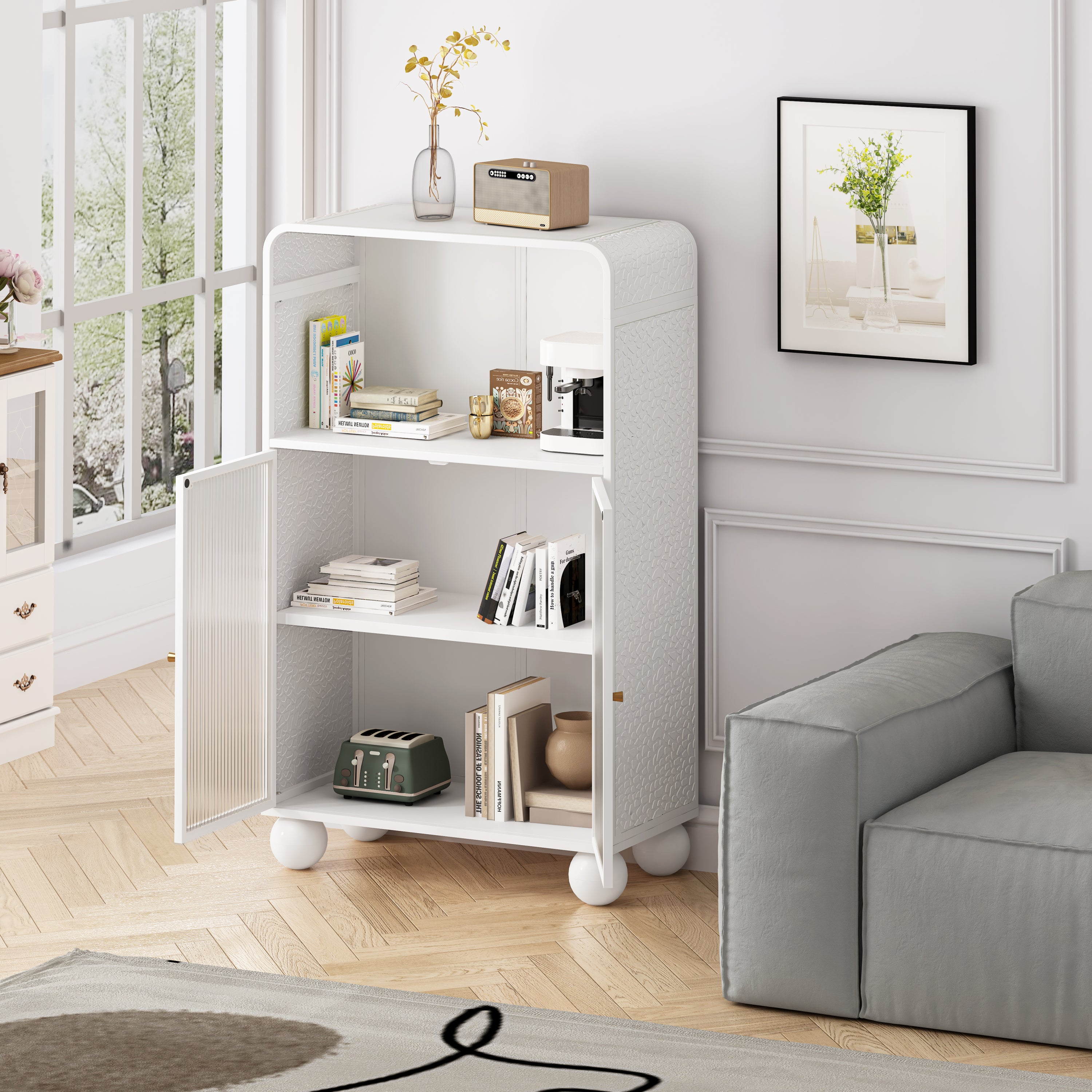 45.28" H Storage Cabinet, Bathroom Floor Cabinet with Glass Door and Shelves,  Freestanding Display Storage Cabinet for Bathroom, Living Room, Kitchen, Home Office,White