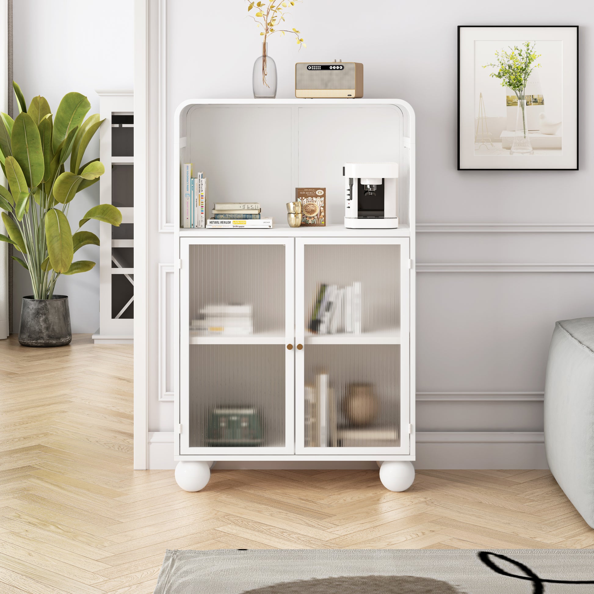 45.28" H Storage Cabinet, Bathroom Floor Cabinet with Glass Door and Shelves,  Freestanding Display Storage Cabinet for Bathroom, Living Room, Kitchen, Home Office,White