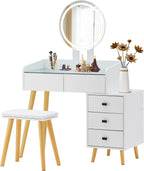 Dressing Table with LED Lights Glass Top Dressing Table with Extendable Side Table 5 Drawers Dressing Table with Mirror and Stool for Bedroom