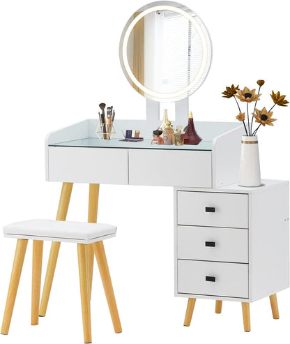 Dressing Table with LED Lights Glass Top Dressing Table with Extendable Side Table 5 Drawers Dressing Table with Mirror and Stool for Bedroom