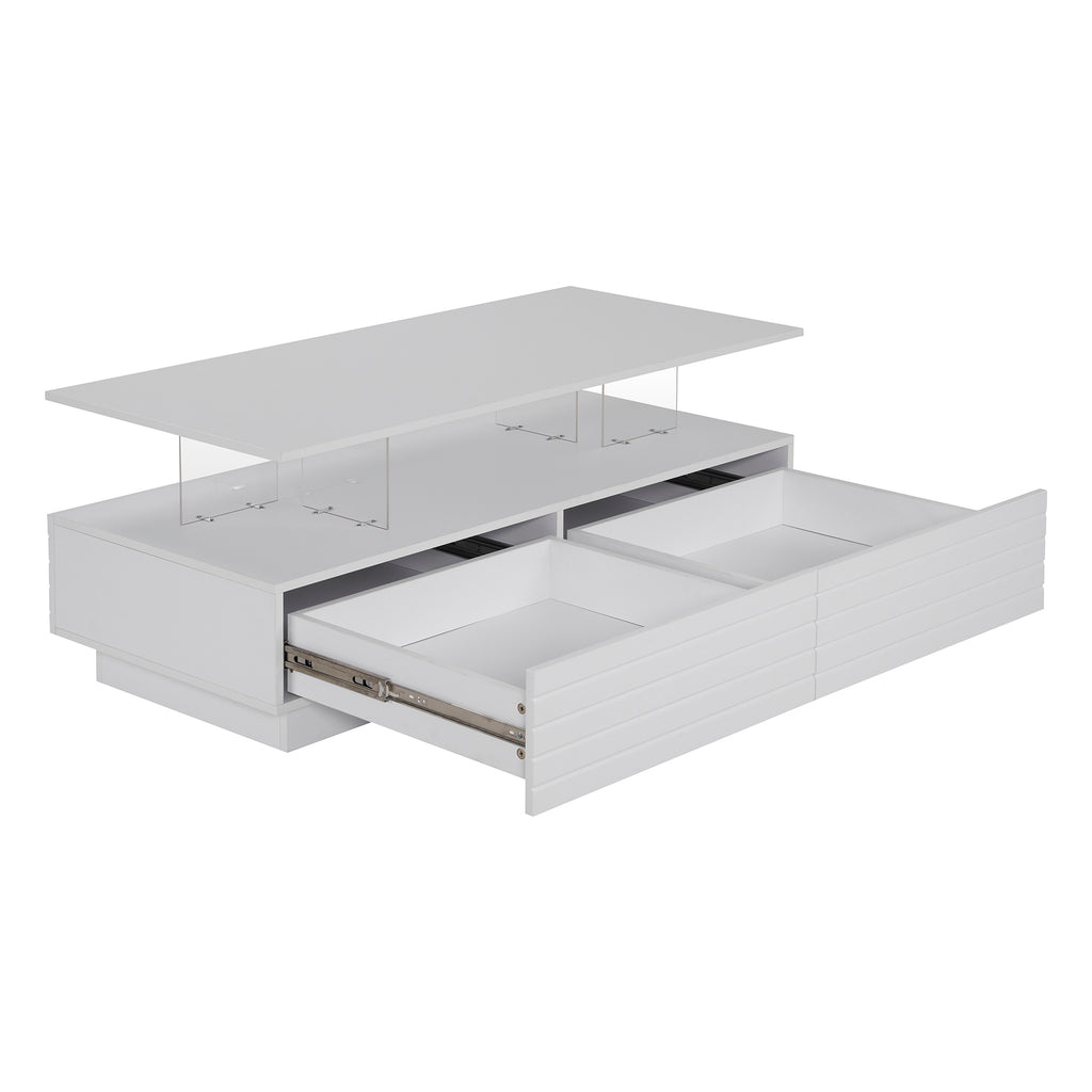Modern White Rectangular LED Lights Coffee Table with 2 drawers in 47.2'