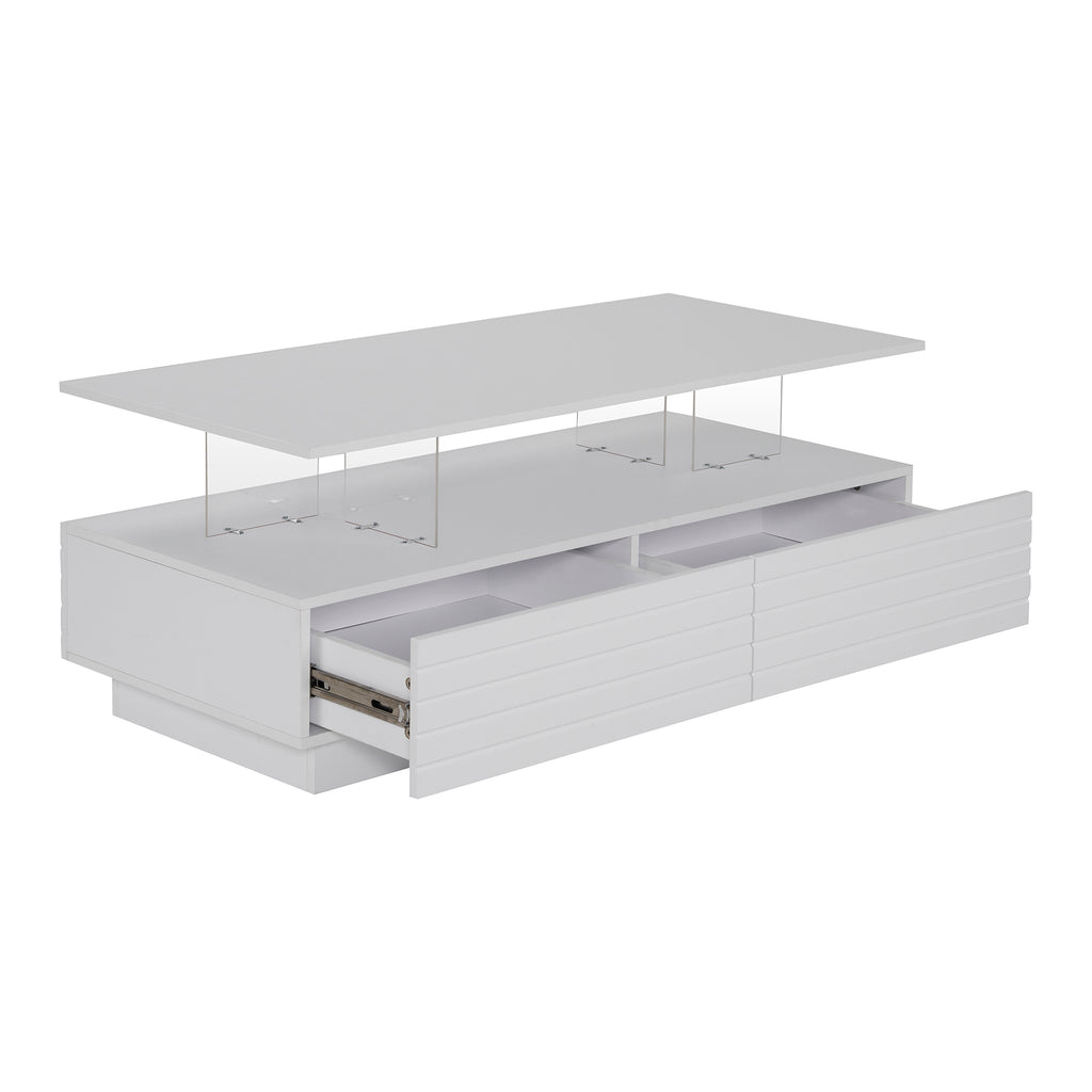 Modern White Rectangular LED Lights Coffee Table with 2 drawers in 47.2'