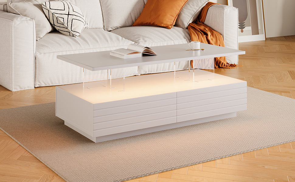 Modern White Rectangular LED Lights Coffee Table with 2 drawers in 47.2'