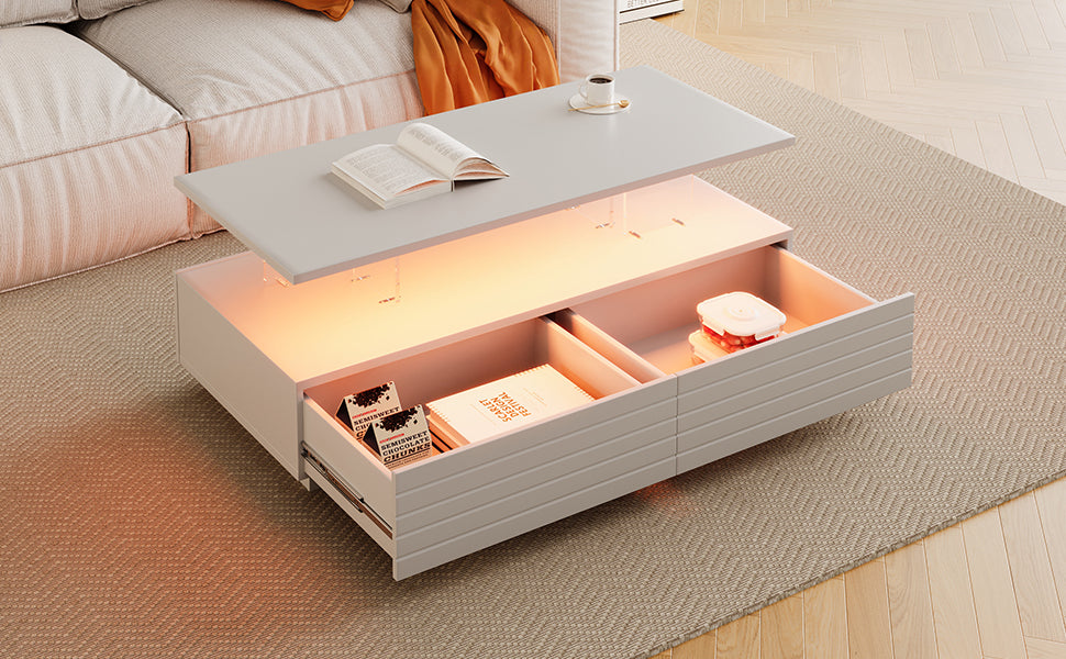 Modern White Rectangular LED Lights Coffee Table with 2 drawers in 47.2'