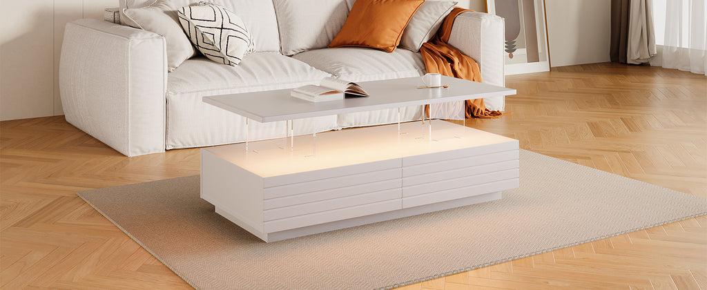 Modern White Rectangular LED Lights Coffee Table with 2 drawers in 47.2'