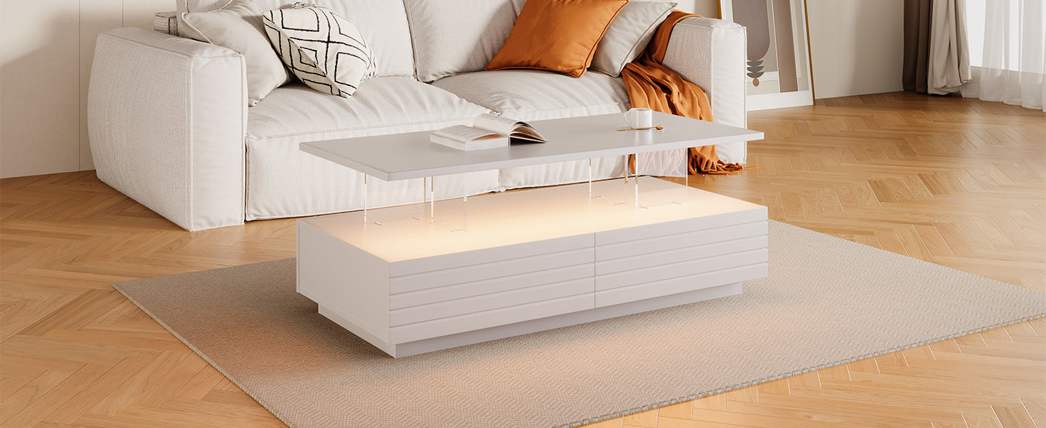 Modern White Rectangular LED Lights Coffee Table with 2 drawers in 47.2'