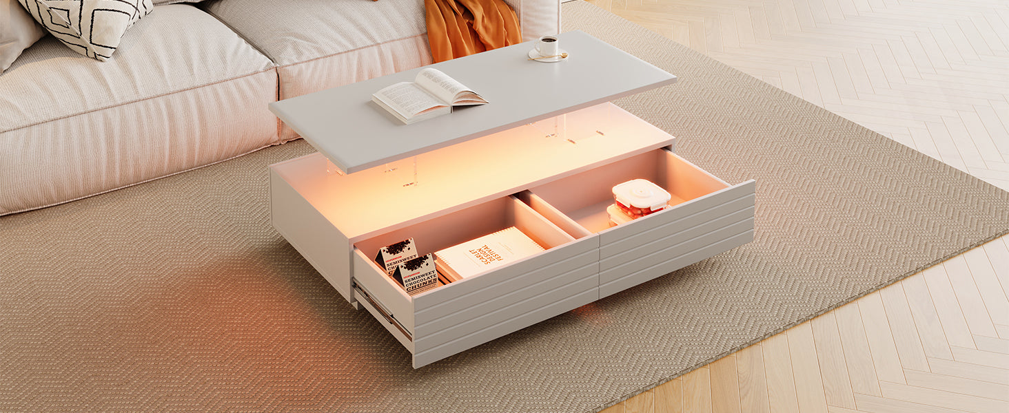 Modern White Rectangular LED Lights Coffee Table with 2 drawers in 47.2'