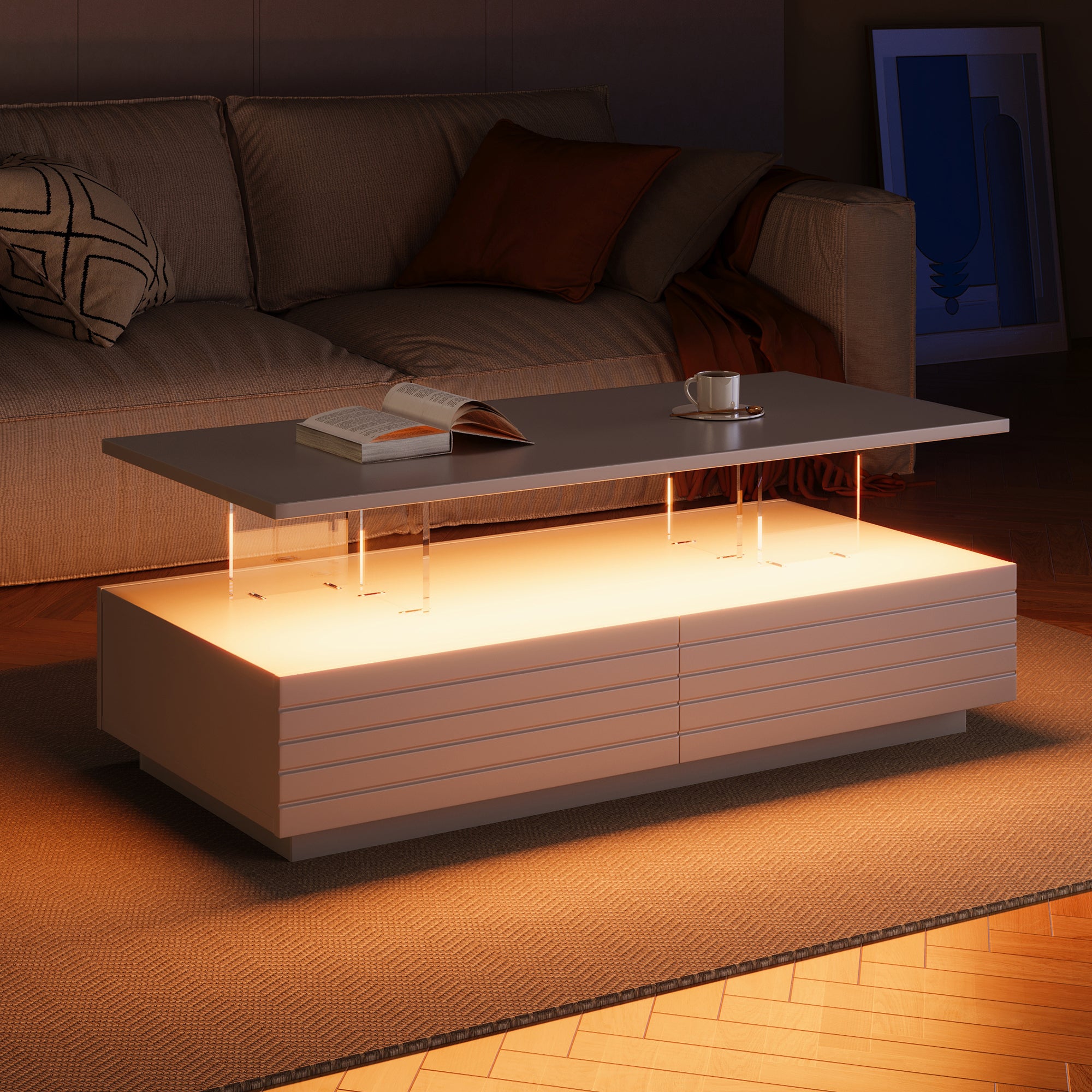 Modern White Rectangular LED Lights Coffee Table with 2 drawers in 47.2'