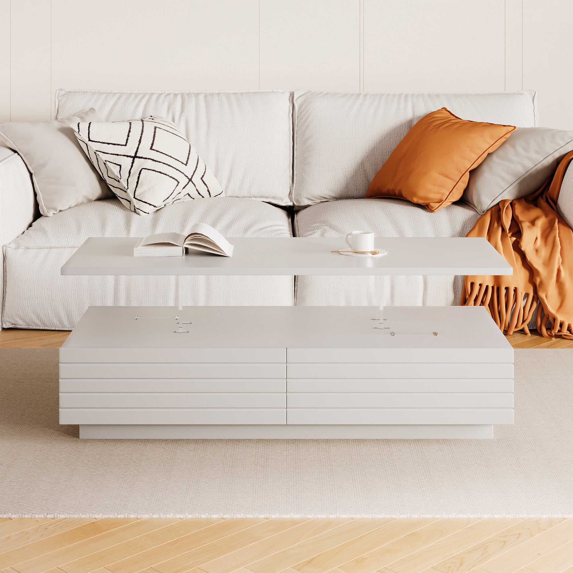 Modern White Rectangular LED Lights Coffee Table with 2 drawers in 47.2'