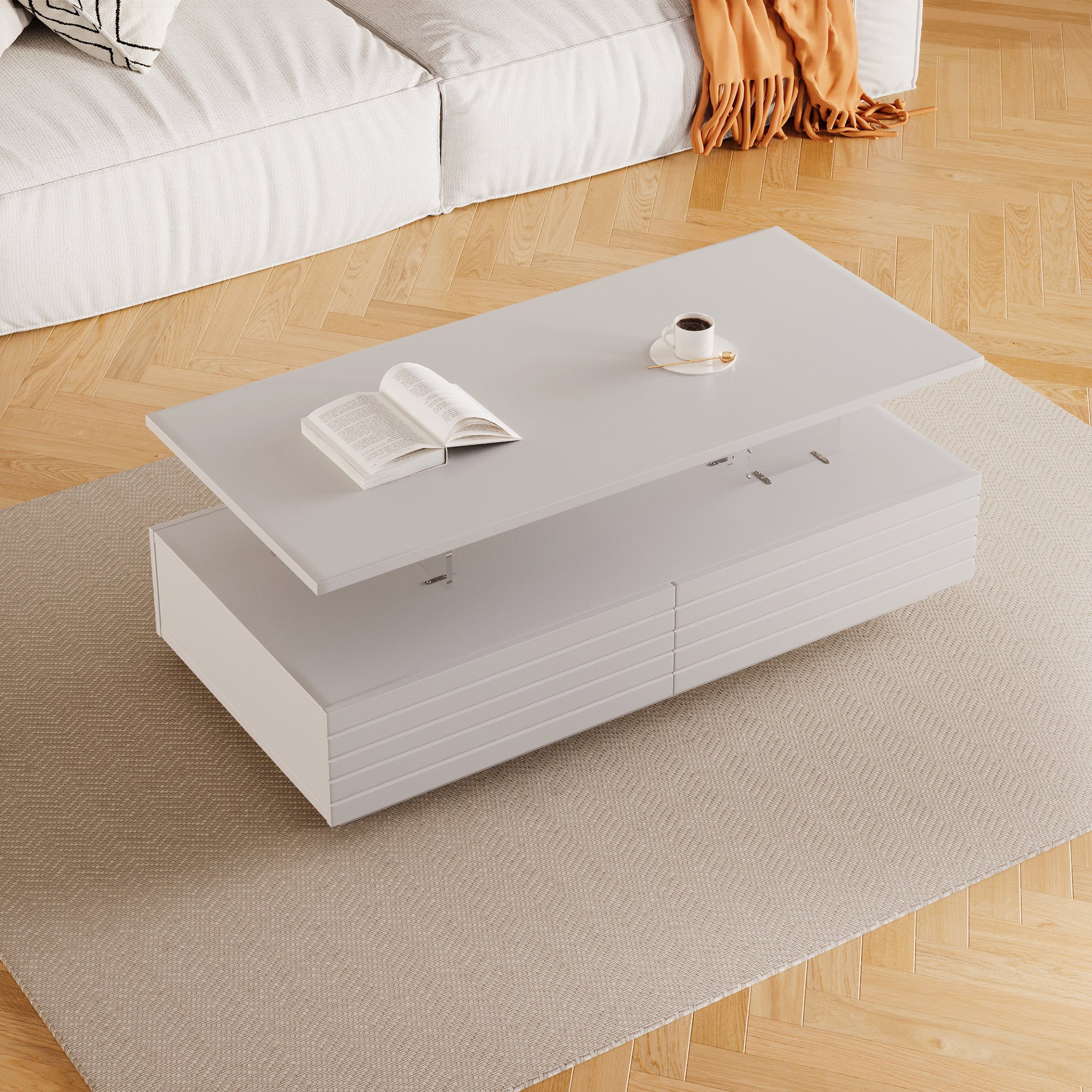 Modern White Rectangular LED Lights Coffee Table with 2 drawers in 47.2'
