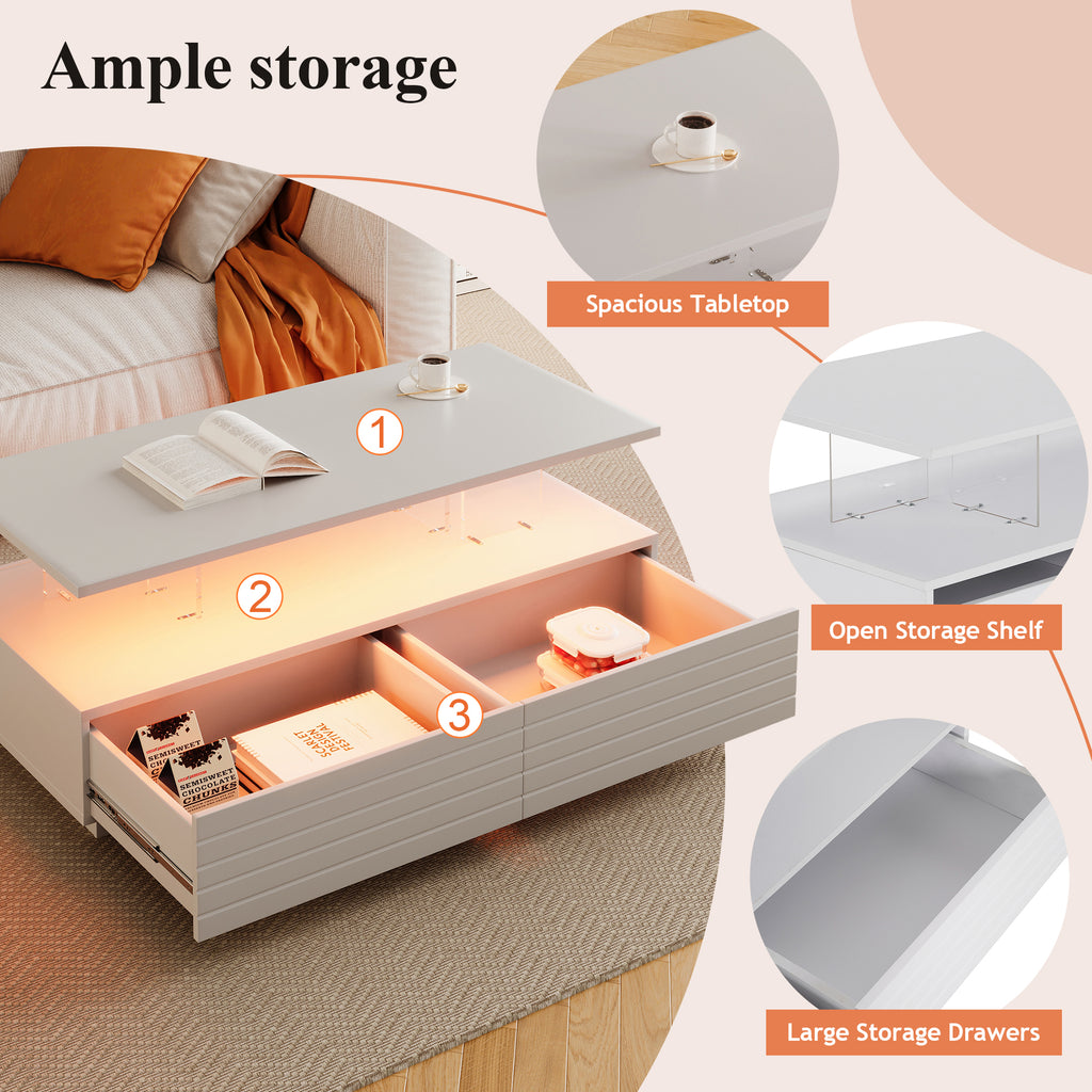 Modern White Rectangular LED Lights Coffee Table with 2 drawers in 47.2'