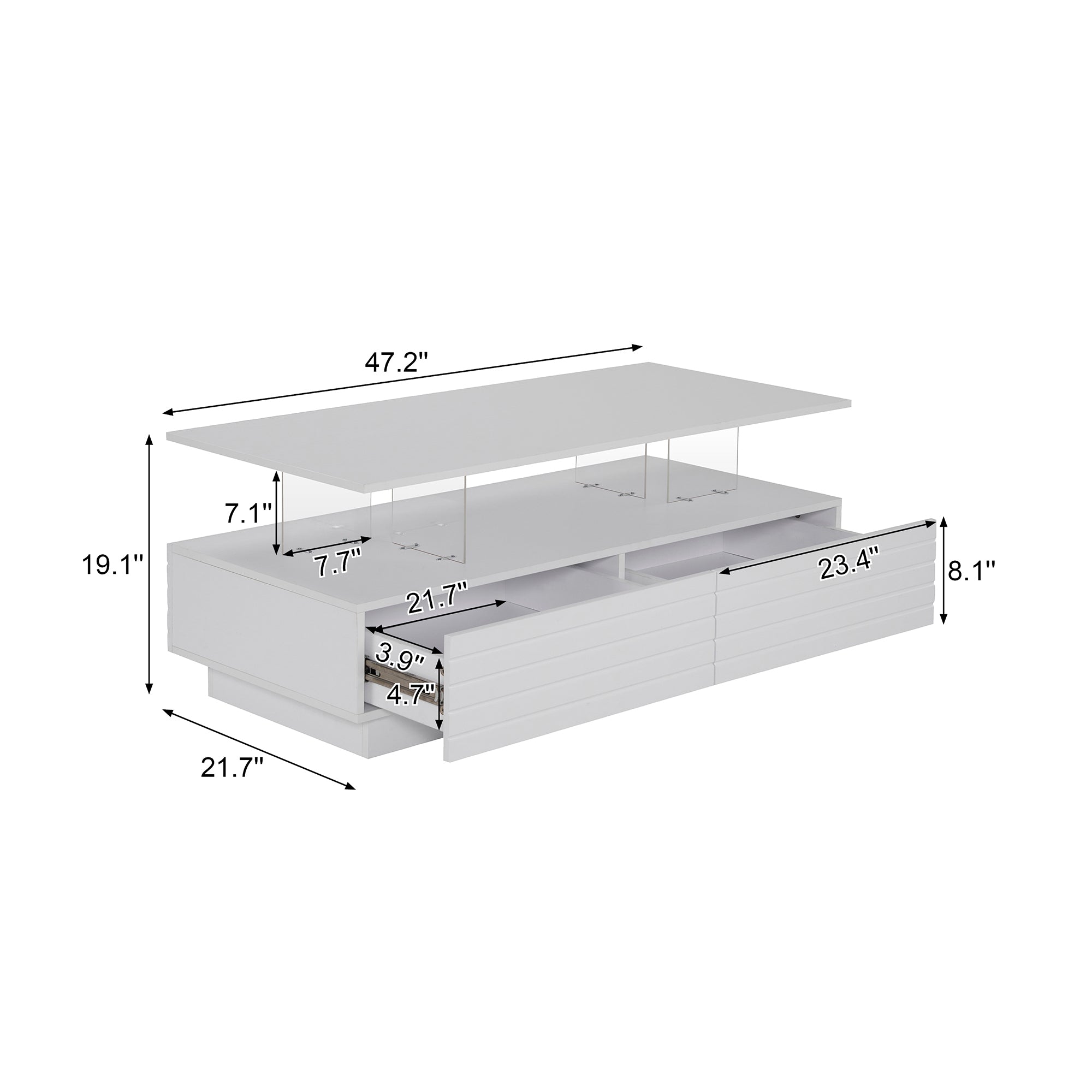 Modern White Rectangular LED Lights Coffee Table with 2 drawers in 47.2'