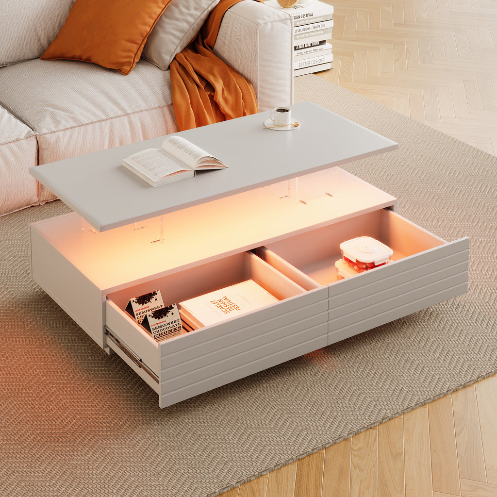 Modern White Rectangular LED Lights Coffee Table with 2 drawers in 47.2'