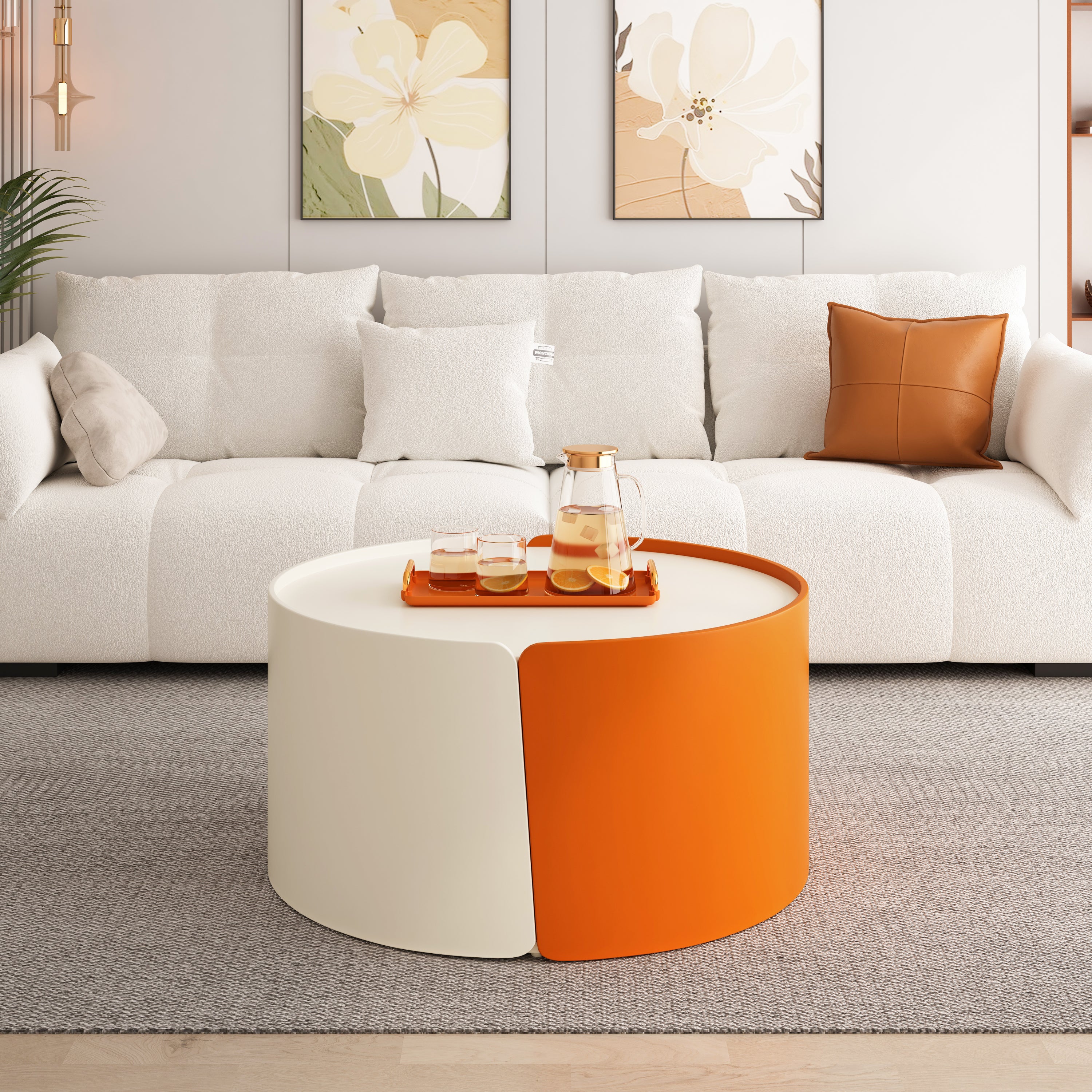 Nesting Coffee Table, Round Nesting Tables and End Tables for Small Space, Modern Side Tables with Extendable Sliding Tabletop for Living Room, Office,White, No Need Assembly