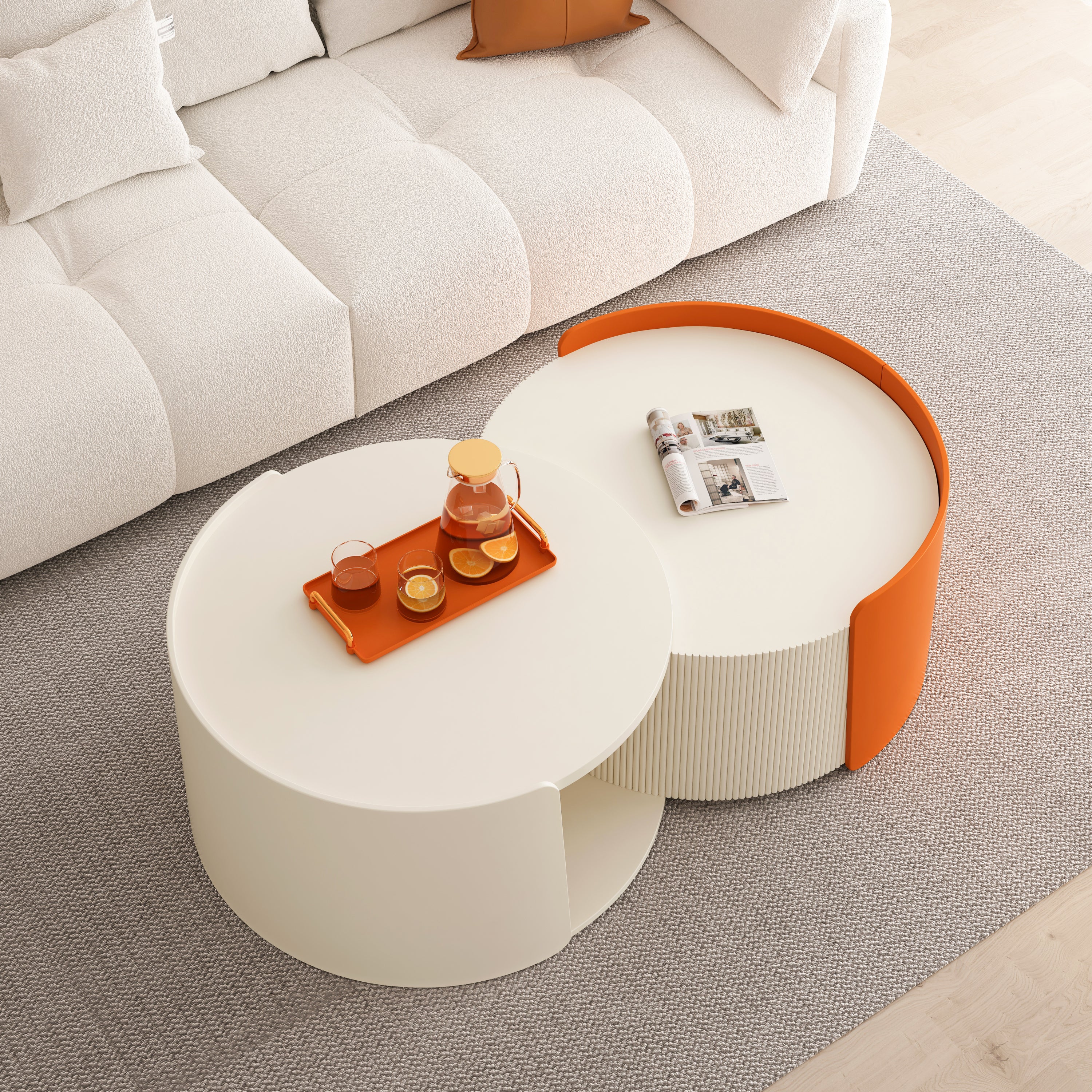 Nesting Coffee Table, Round Nesting Tables and End Tables for Small Space, Modern Side Tables with Extendable Sliding Tabletop for Living Room, Office,White, No Need Assembly