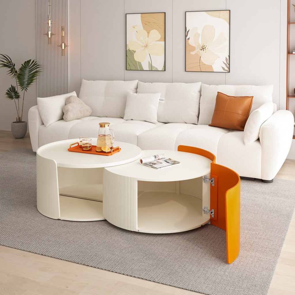 Nesting Coffee Table, Round Nesting Tables and End Tables for Small Space, Modern Side Tables with Extendable Sliding Tabletop for Living Room, Office,White, No Need Assembly