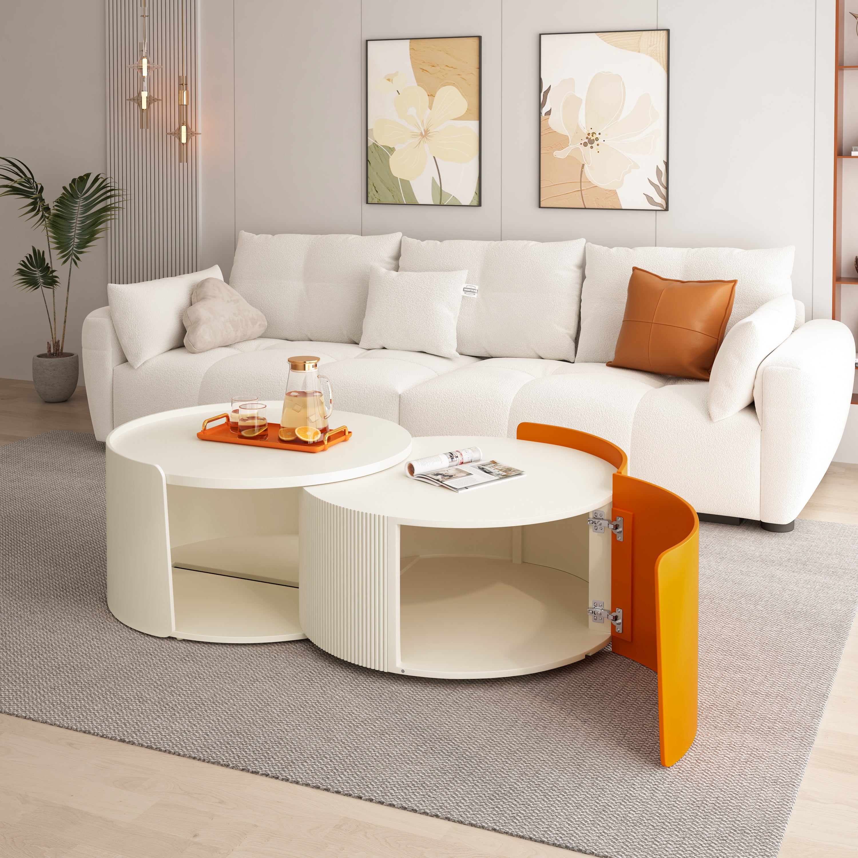Nesting Coffee Table, Round Nesting Tables and End Tables for Small Space, Modern Side Tables with Extendable Sliding Tabletop for Living Room, Office,White, No Need Assembly