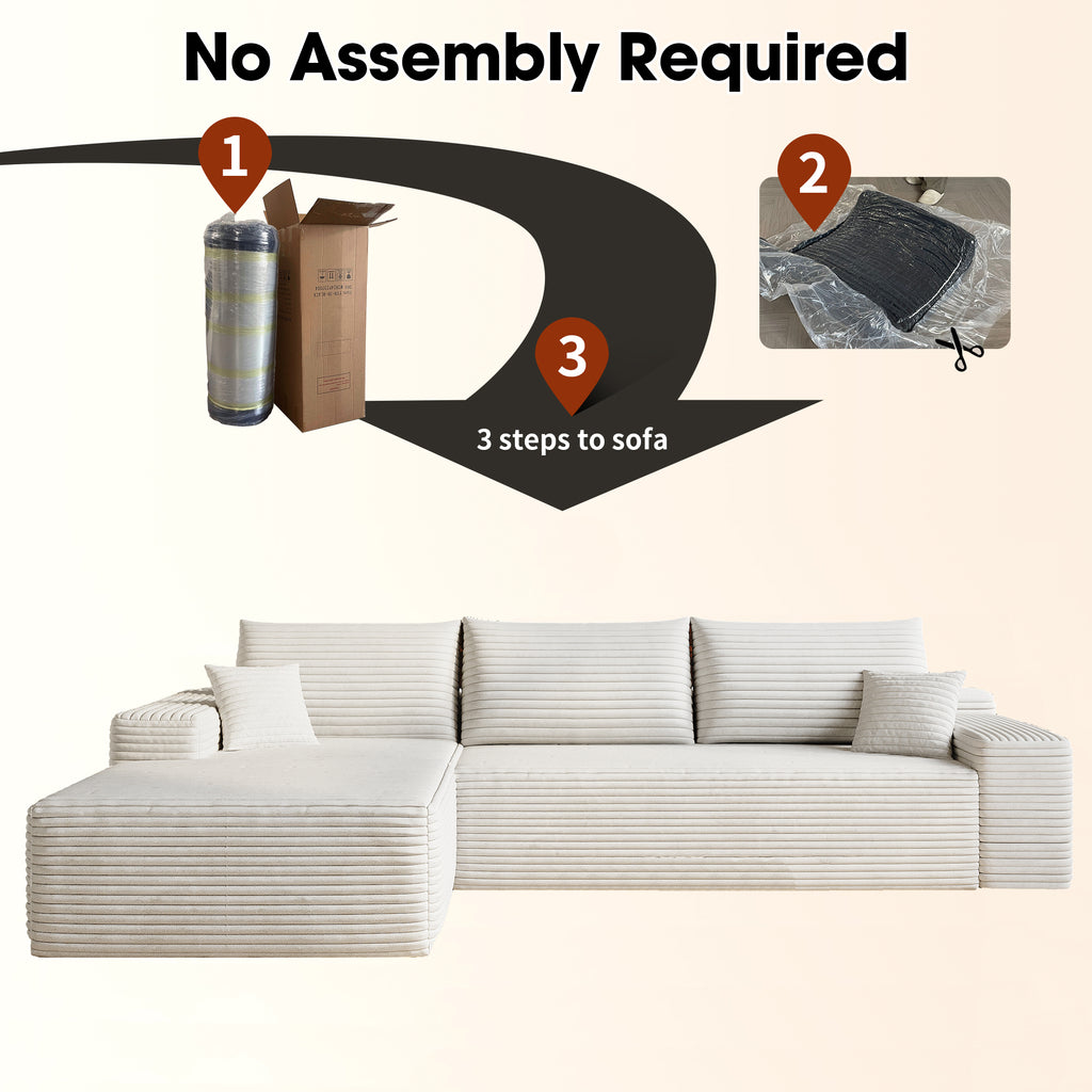 107' Cloud Sectional Couch with L-Shape Chaise,Modern Modular Sofa with Deep Seat, Upholstered Couches for Living Room Bedroom,No Assembly Required, (Plush Corduroy Fabric),White Sectional Sofa