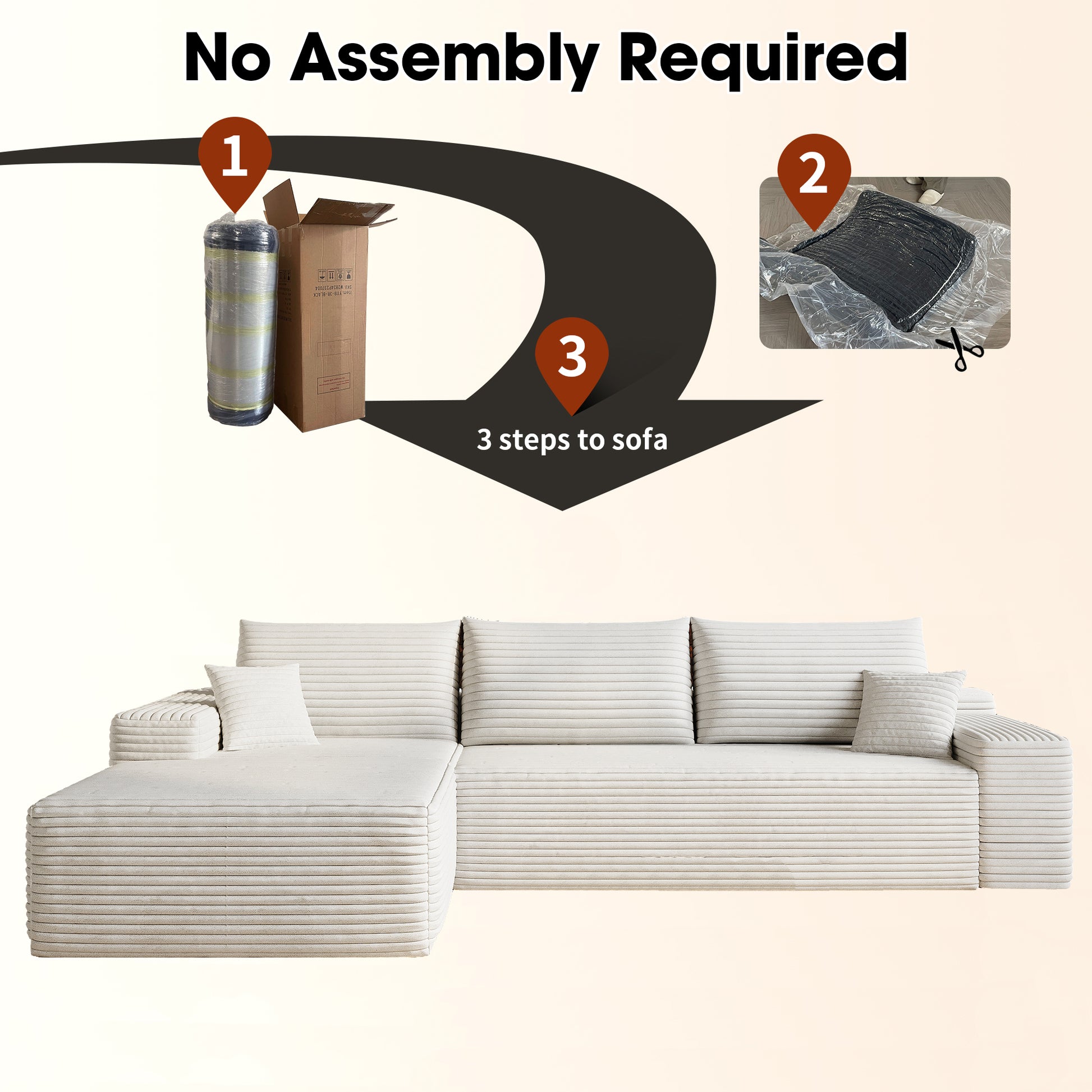 107' Cloud Sectional Couch with L-Shape Chaise,Modern Modular Sofa with Deep Seat, Upholstered Couches for Living Room Bedroom,No Assembly Required, (Plush Corduroy Fabric),White Sectional Sofa