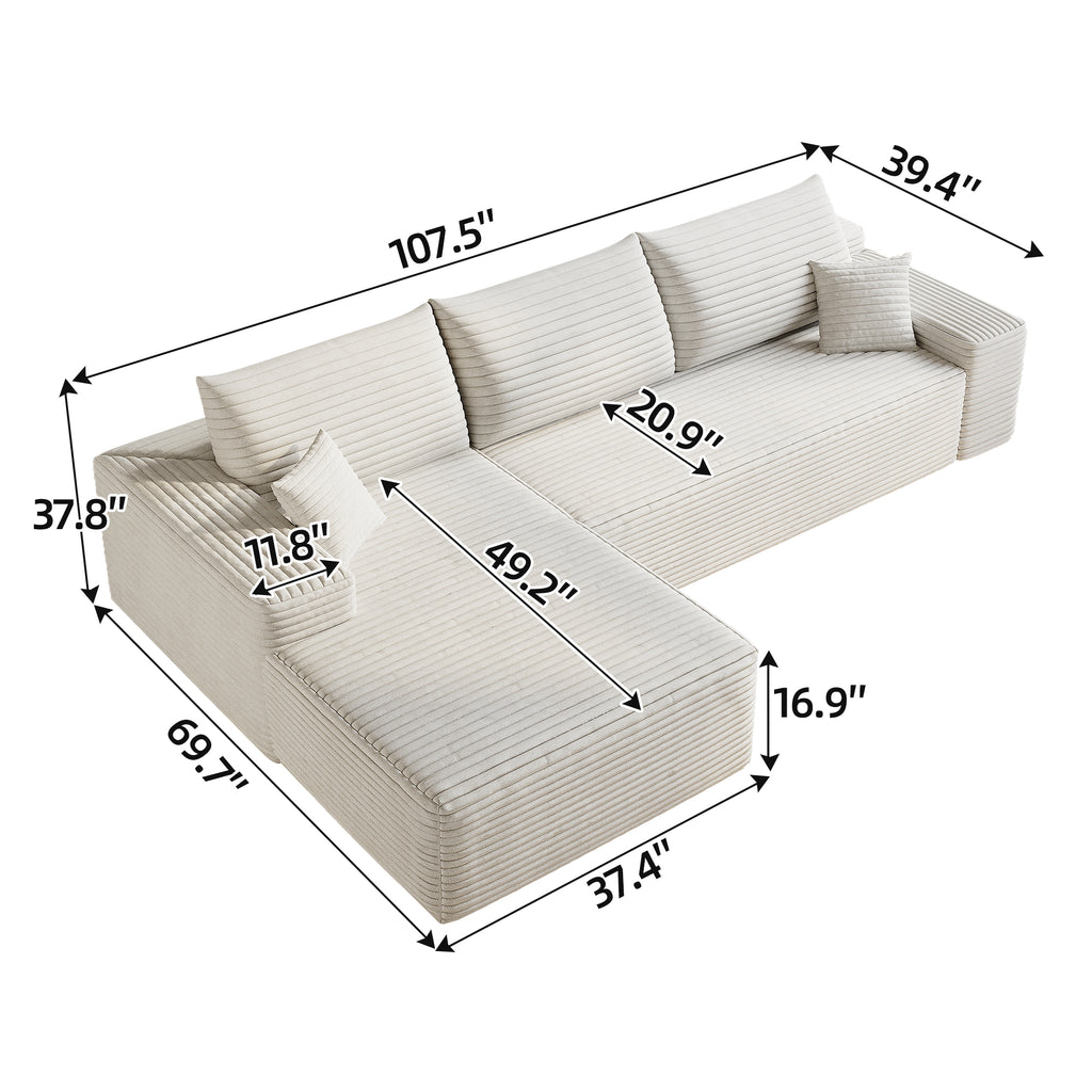 107' Cloud Sectional Couch with L-Shape Chaise,Modern Modular Sofa with Deep Seat, Upholstered Couches for Living Room Bedroom,No Assembly Required, (Plush Corduroy Fabric),White Sectional Sofa
