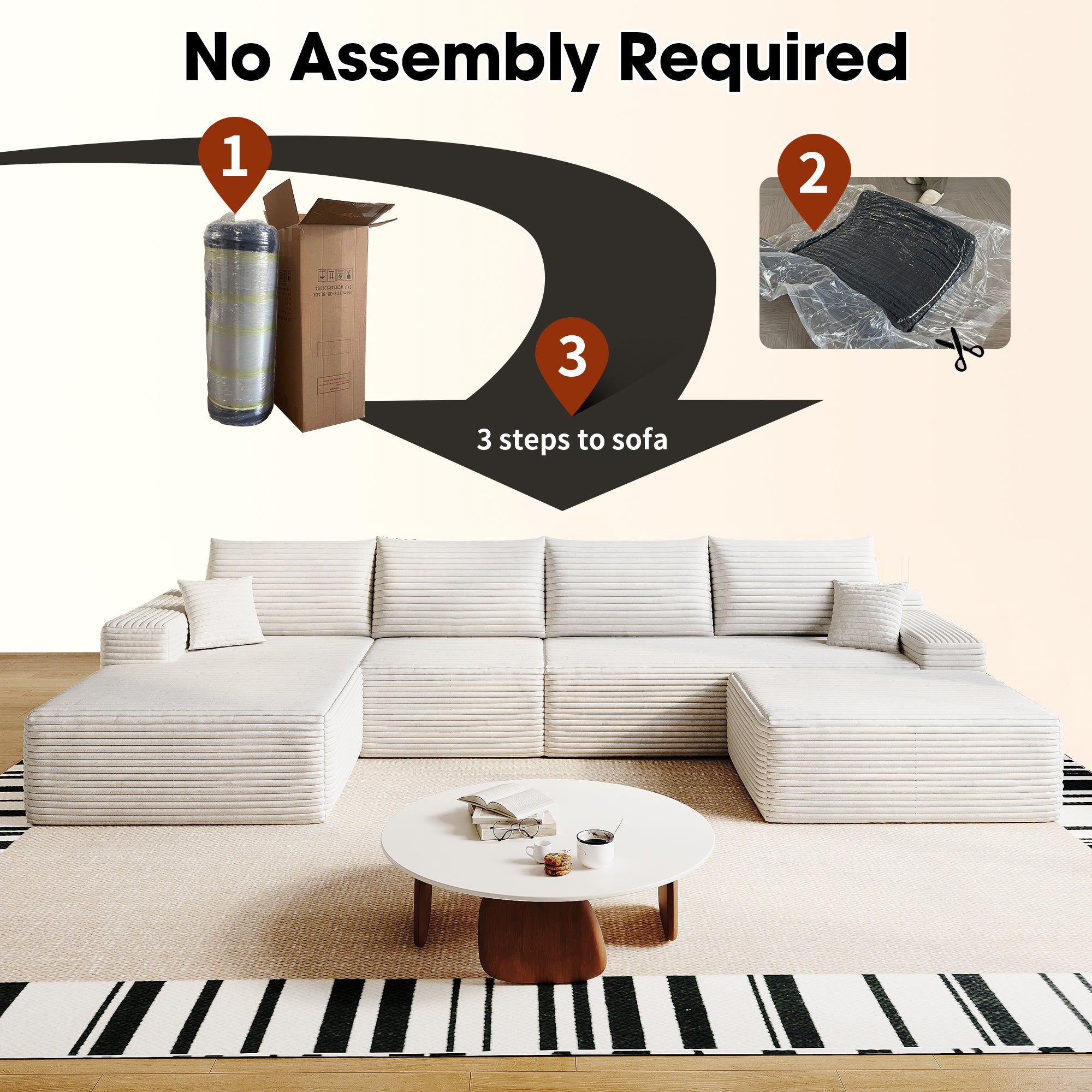 135' Cloud Sectional Sofa with 1 Ottoman,Modern Minimalist Upholstered Couches, Comfort U Shaped Sofa for Living Room,Deep Seat Corner Couch,No Assembly Required,Black (Plush Corduroy Fabric),White Sectional Sofa