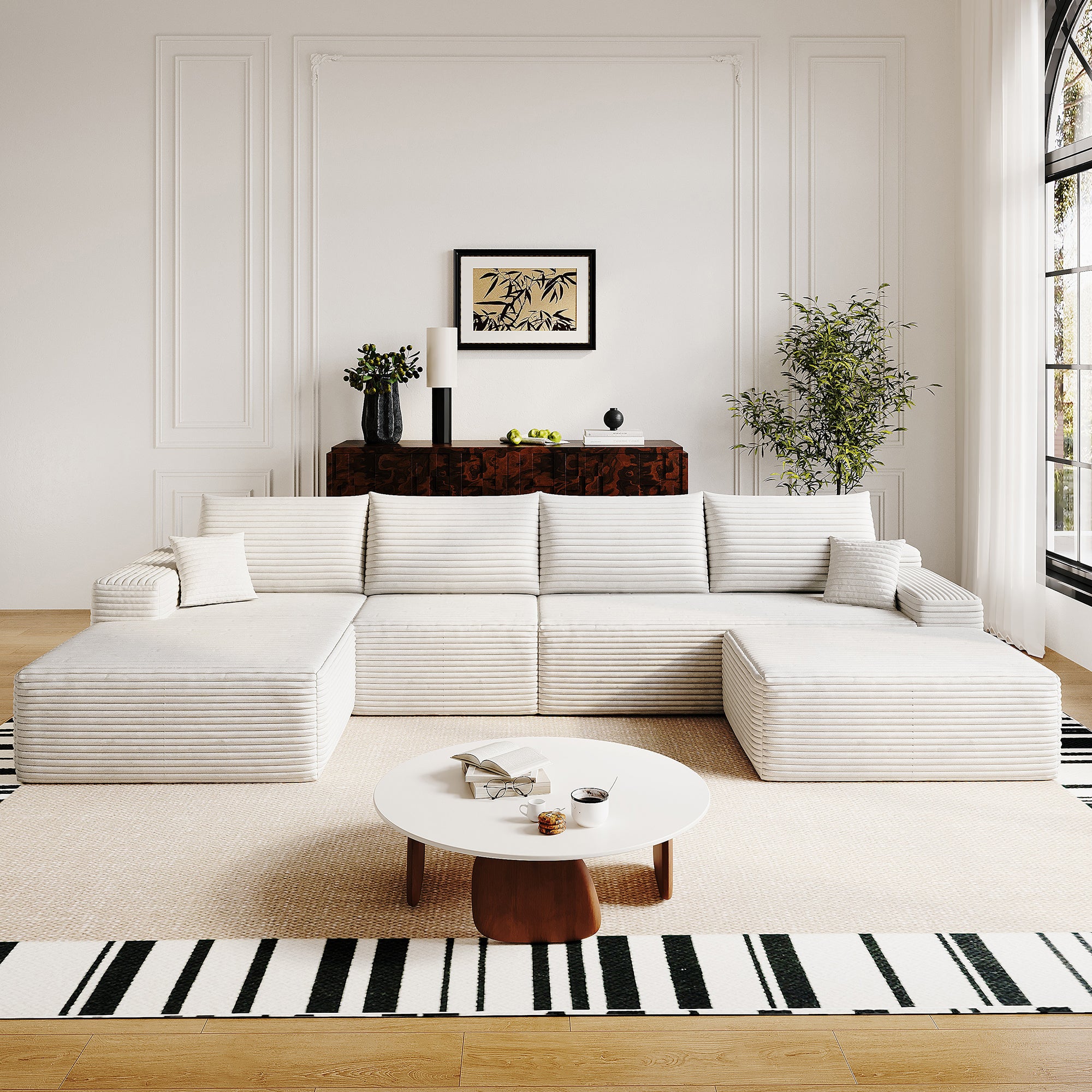 135' Cloud Sectional Sofa with 1 Ottoman,Modern Minimalist Upholstered Couches, Comfort U Shaped Sofa for Living Room,Deep Seat Corner Couch,No Assembly Required,Black (Plush Corduroy Fabric),White Sectional Sofa