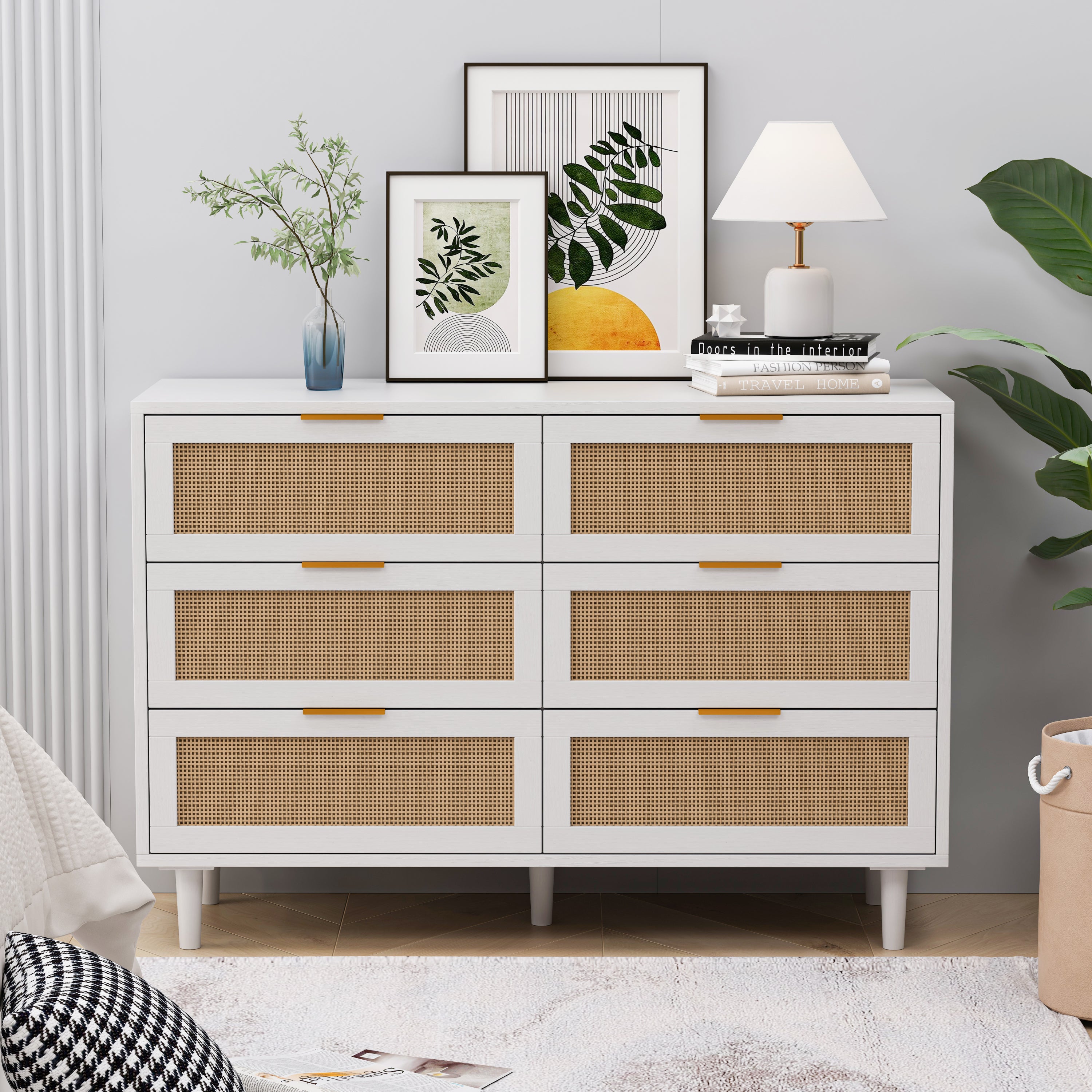 43.316-Drawers Rattan Storage Cabinet Rattan Drawer,for Bedroom,Living Room,White