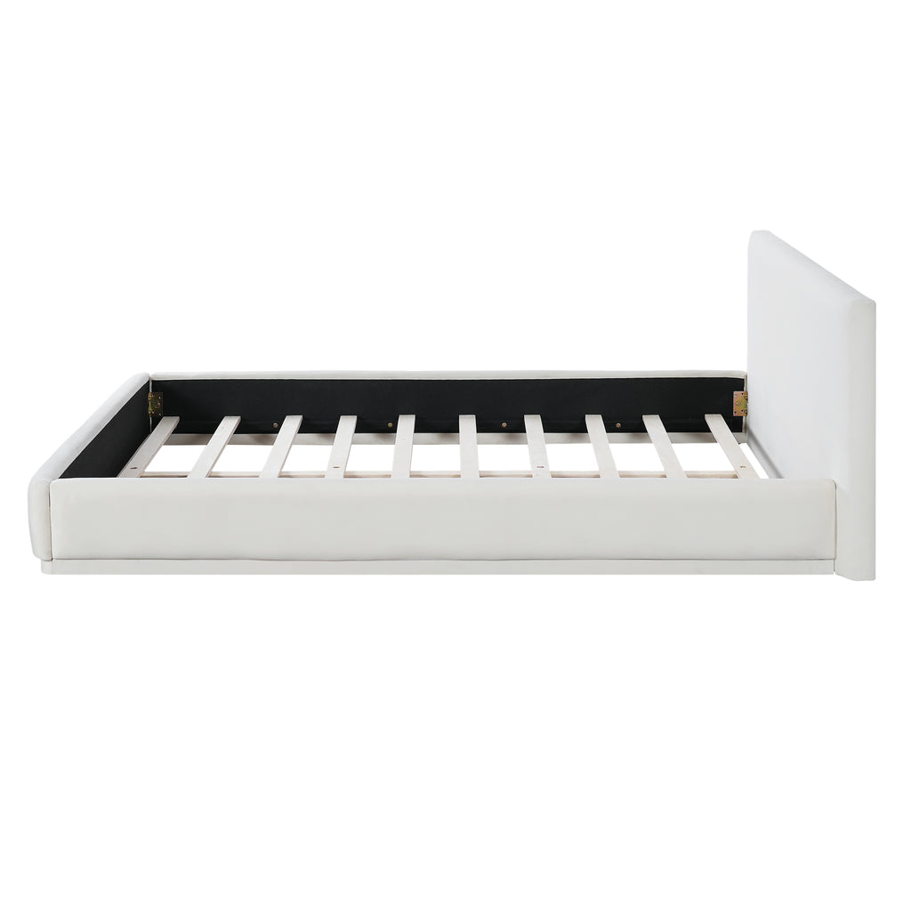 Soft and comfortable upholstered bed. Luxurious and cozy bedroom centerpiece, king size, white Bed Frame