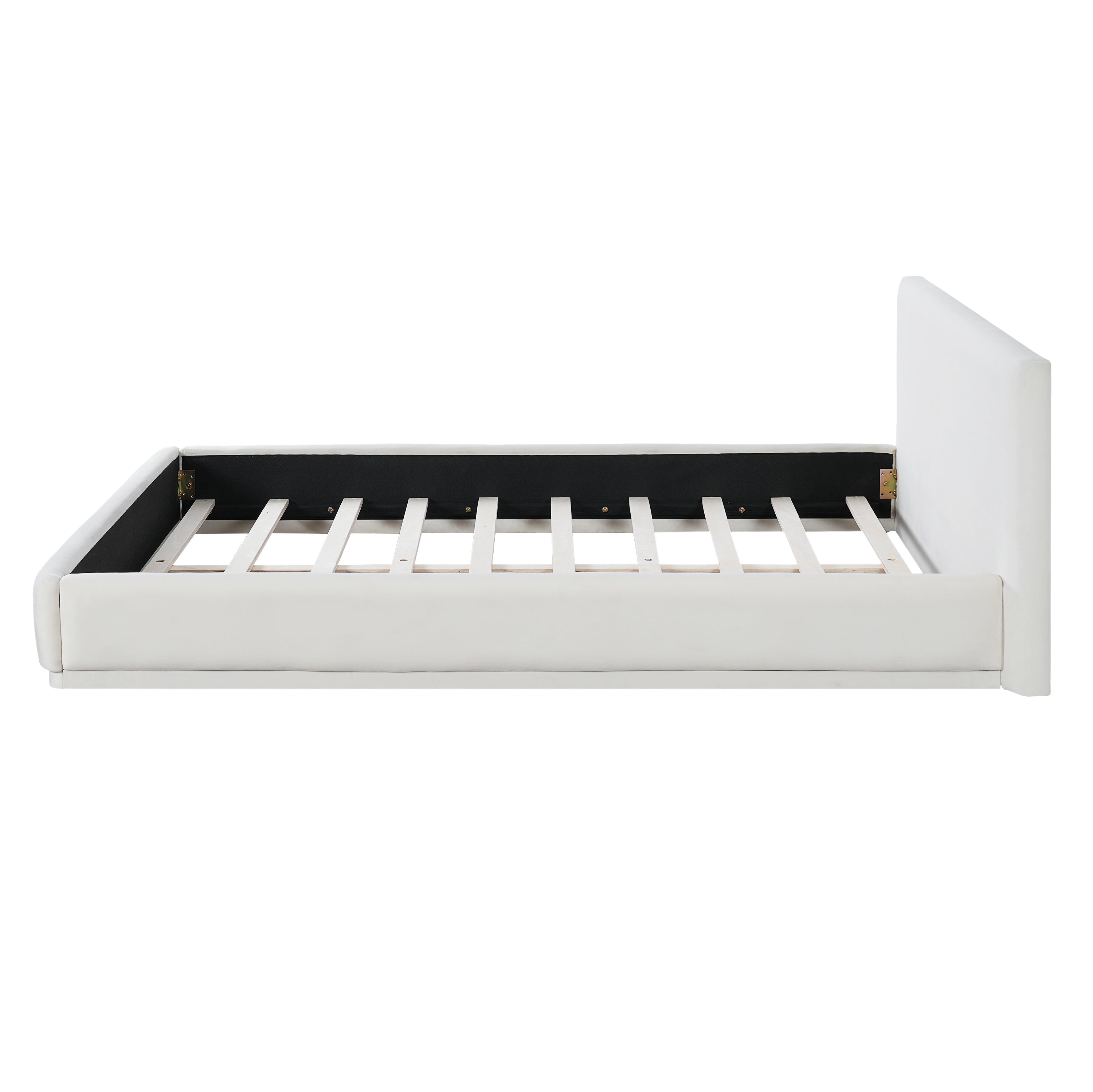 Soft and comfortable upholstered bed. Luxurious and cozy bedroom centerpiece, king size, white Bed Frame