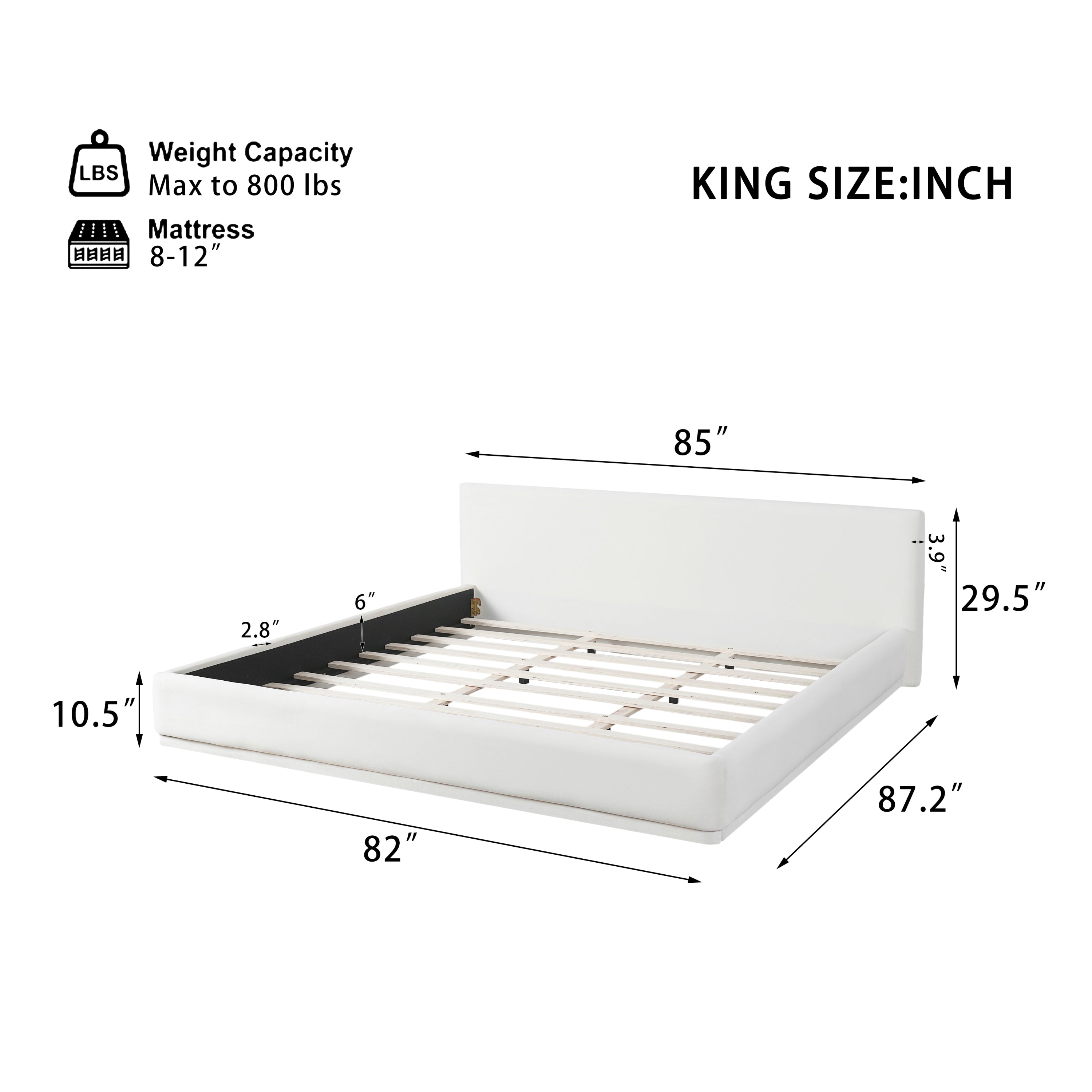 Soft and comfortable upholstered bed. Luxurious and cozy bedroom centerpiece, king size, white Bed Frame