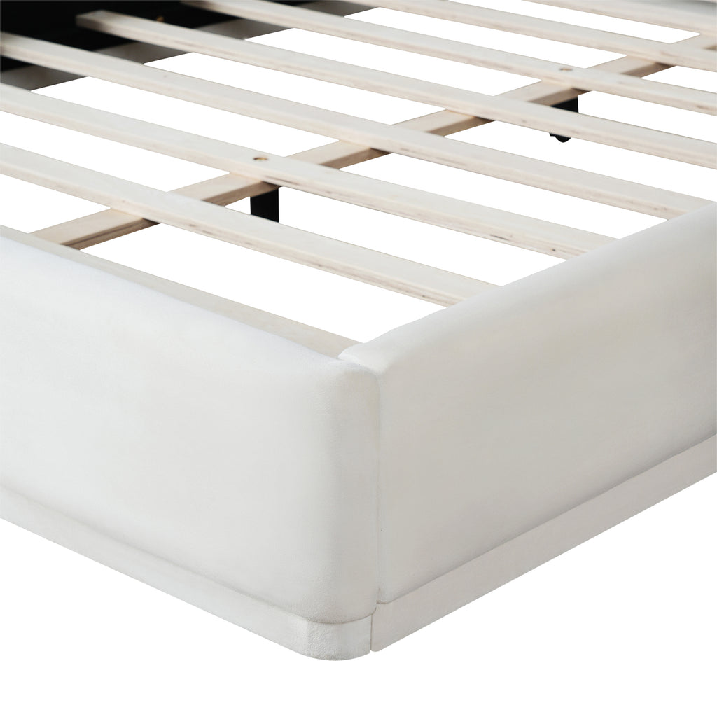 Soft and comfortable upholstered bed. Luxurious and cozy bedroom centerpiece, king size, white Bed Frame