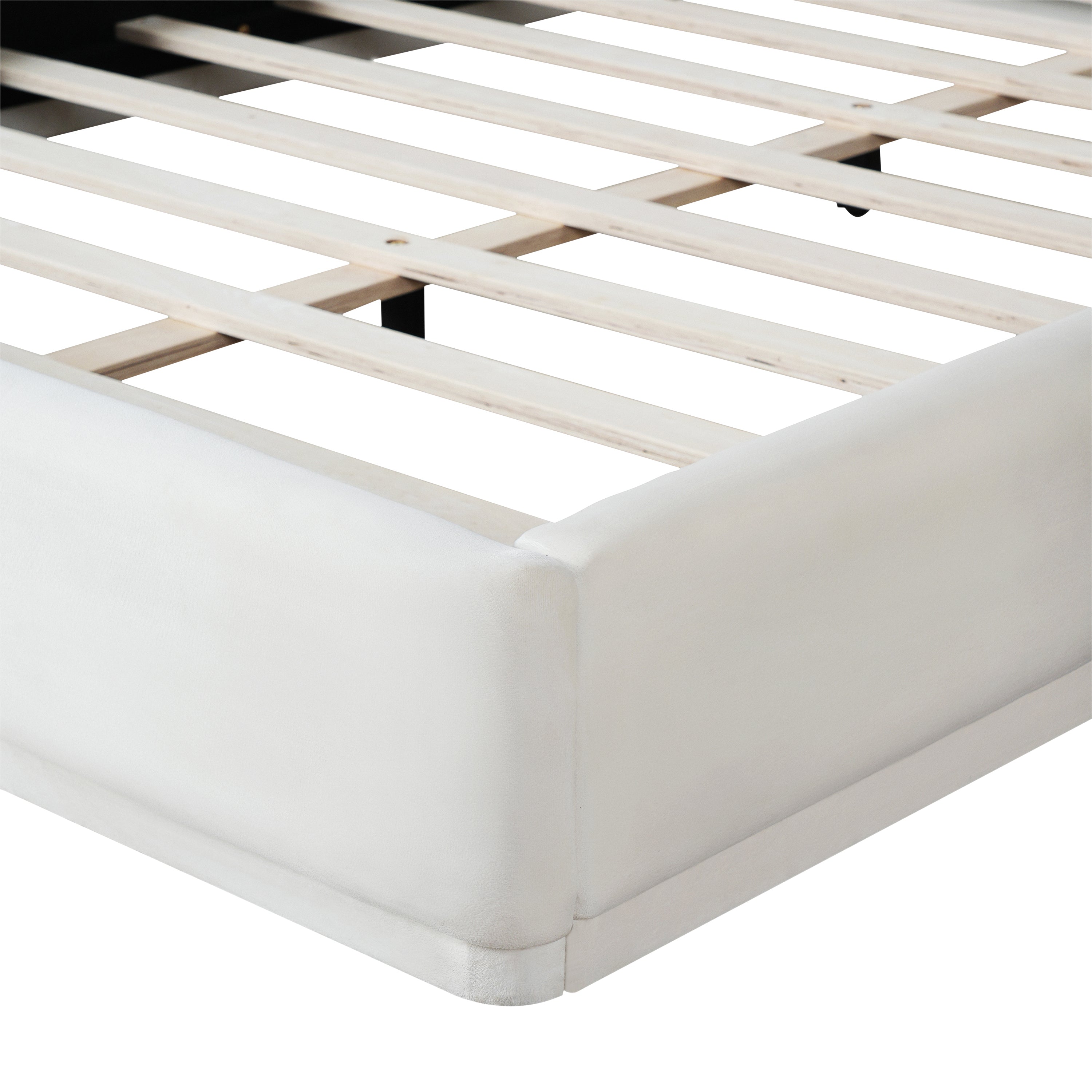 Soft and comfortable upholstered bed. Luxurious and cozy bedroom centerpiece, king size, white Bed Frame