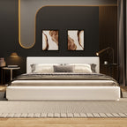 Soft and comfortable upholstered bed. Luxurious and cozy bedroom centerpiece, king size, white Bed Frame