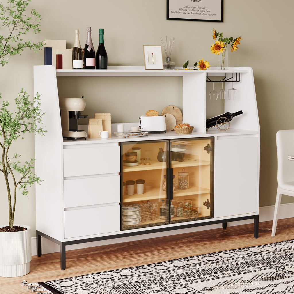 Modern sideboard with 3 drawers and glass door locker, side cabinet can store wine glasses