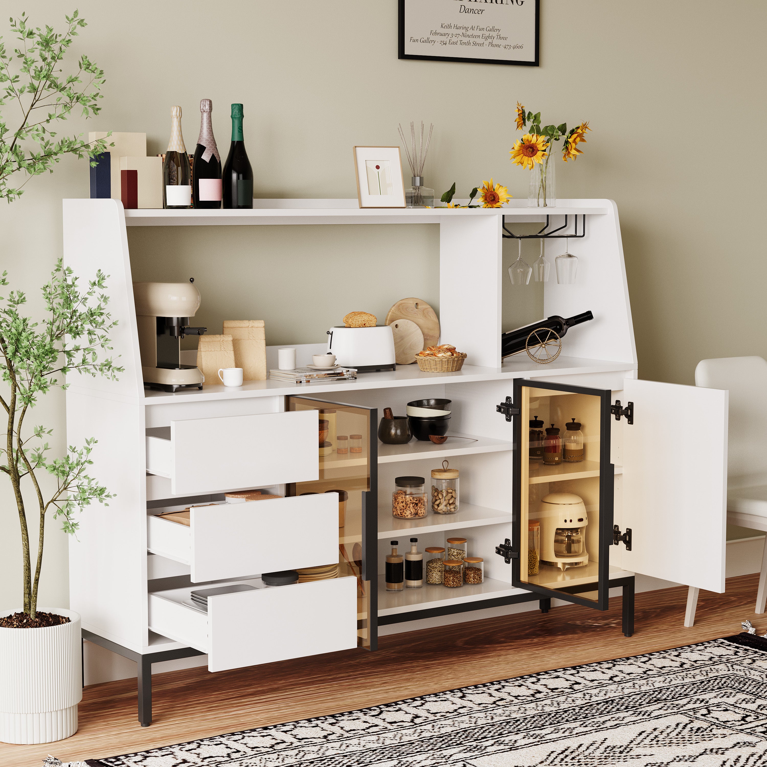 Modern sideboard with 3 drawers and glass door locker, side cabinet can store wine glasses