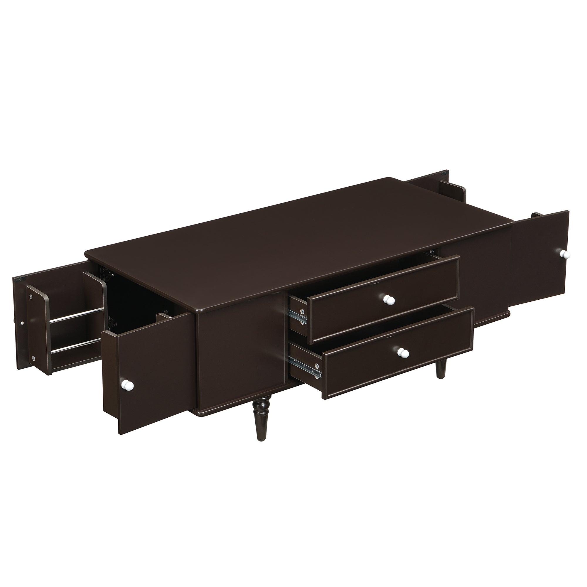 U-Can Modern Rectangle Coffee Table with Four Drawers, Two Side Hidden Storage Compartments, 47.2' Wood Coffee Table with Metal Handles and Four Solid Wood Legs for Living Room