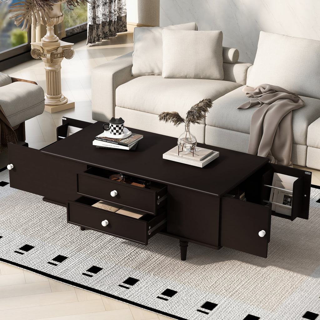 U-Can Modern Rectangle Coffee Table with Four Drawers, Two Side Hidden Storage Compartments, 47.2' Wood Coffee Table with Metal Handles and Four Solid Wood Legs for Living Room