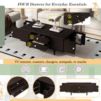 U-Can Modern Rectangle Coffee Table with Four Drawers, Two Side Hidden Storage Compartments, 47.2' Wood Coffee Table with Metal Handles and Four Solid Wood Legs for Living Room