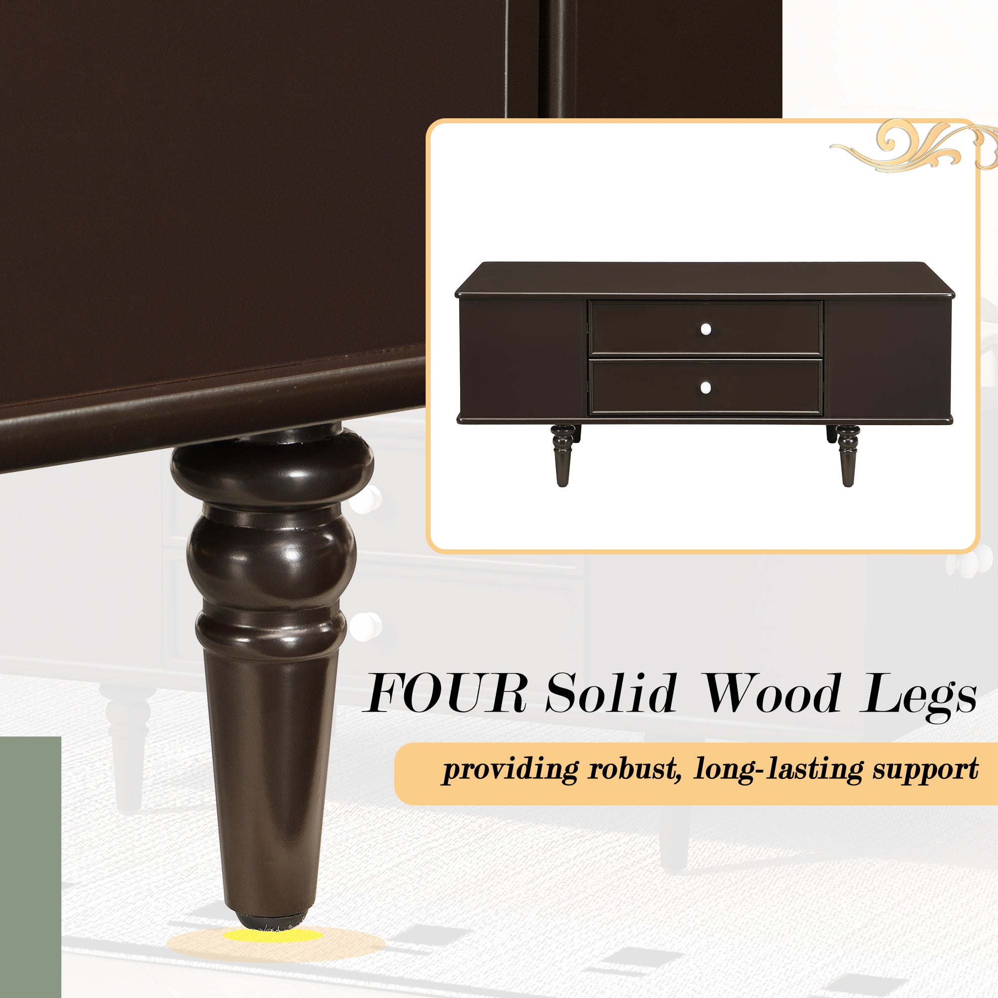 U-Can Modern Rectangle Coffee Table with Four Drawers, Two Side Hidden Storage Compartments, 47.2' Wood Coffee Table with Metal Handles and Four Solid Wood Legs for Living Room