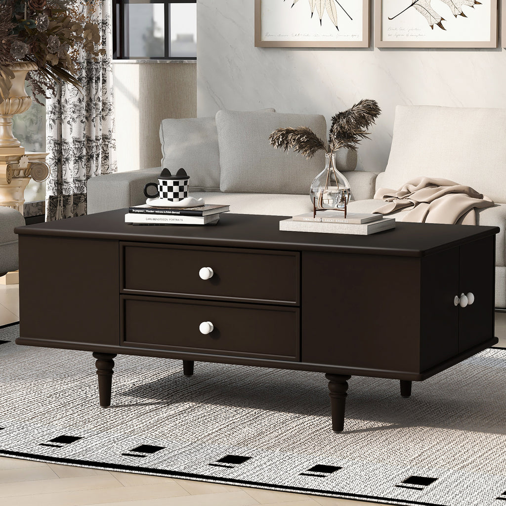 U-Can Modern Rectangle Coffee Table with Four Drawers, Two Side Hidden Storage Compartments, 47.2' Wood Coffee Table with Metal Handles and Four Solid Wood Legs for Living Room